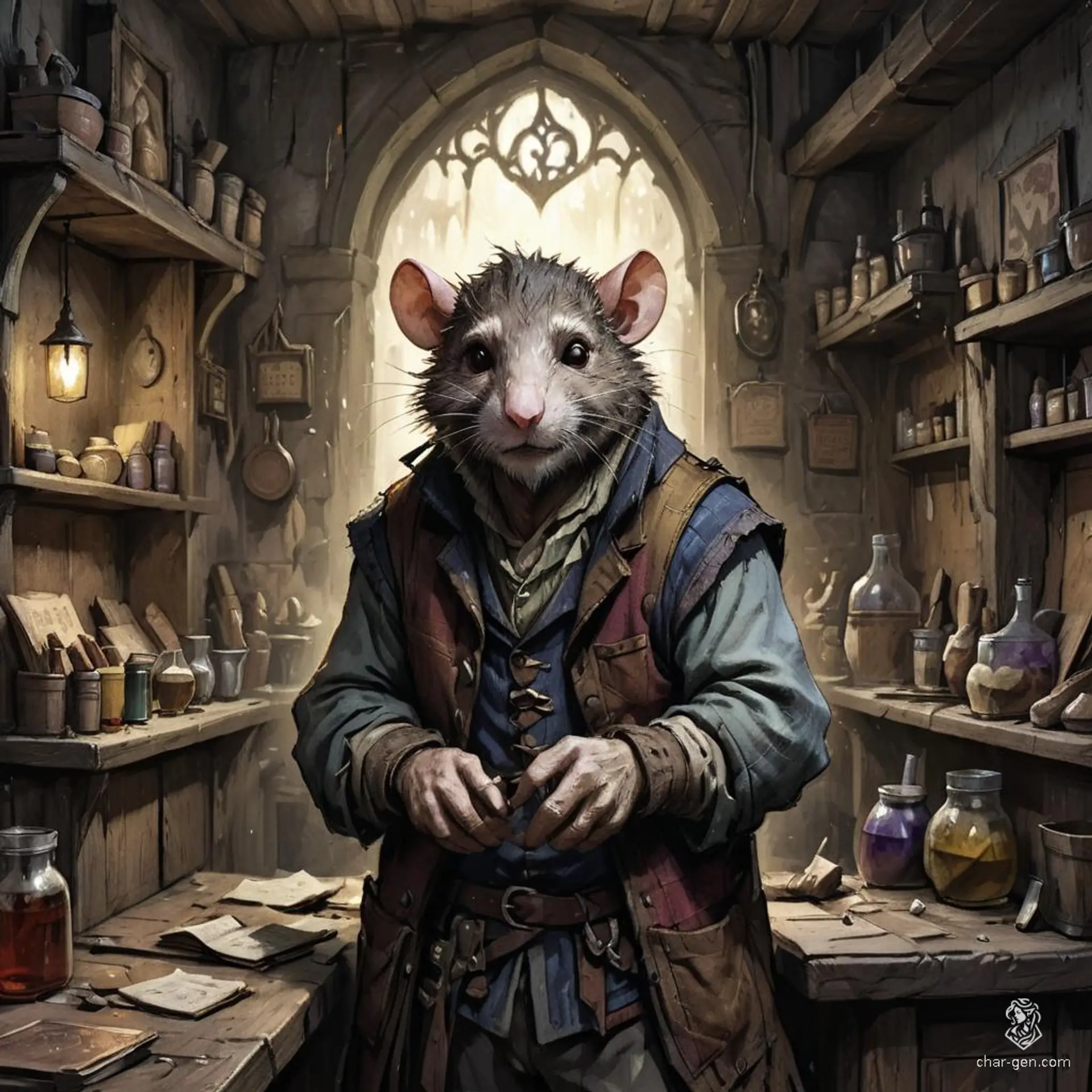 Meet Zimble, a shrewd ratfolk shopkeeper with scruffy brown fur and keen beady eyes. Clad in patchwork clothing, he navigates his cluttered fantasy goods store, filled with dusty relics and curious potions. With a twitch of his whiskers, he’s always eager to negotiate a bargain.