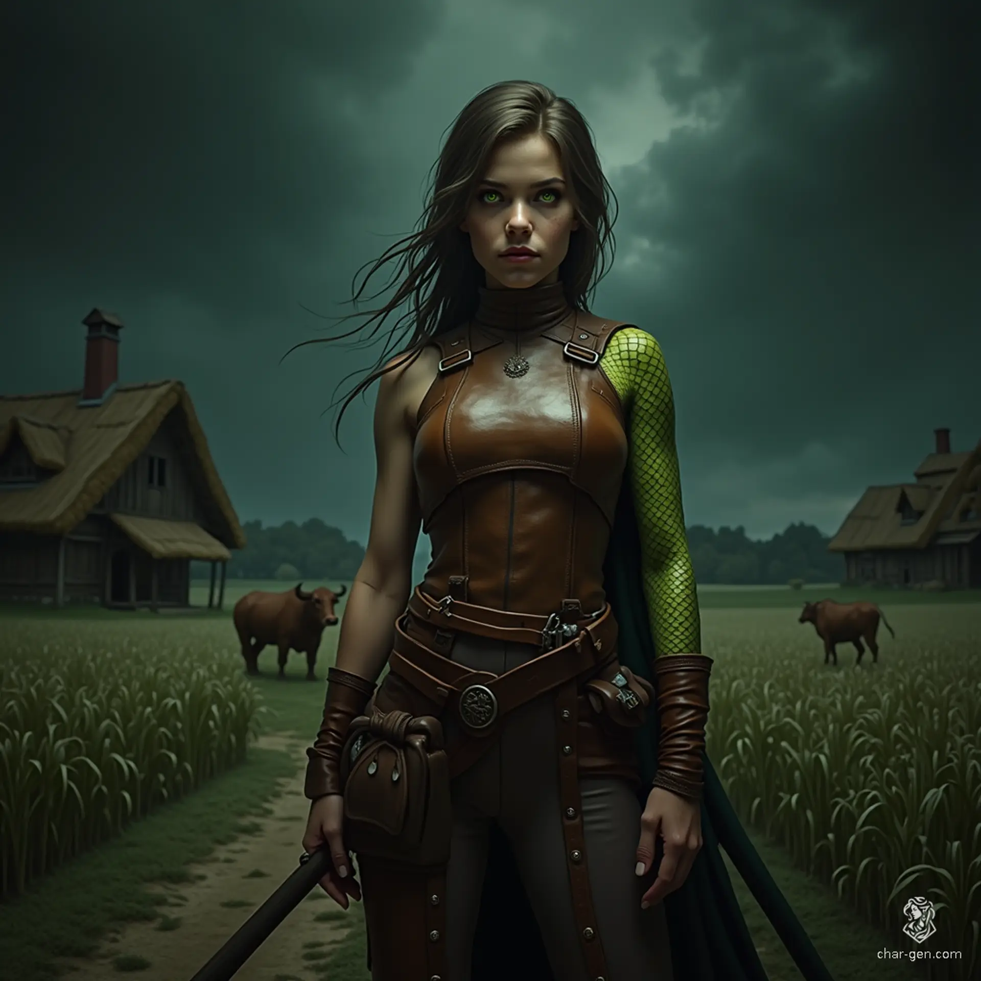 Izzy, a newly emancipated halfling assassin, embodies a captivating blend of danger and charm. Standing at 1.5 meters tall, her athletic frame is complemented by shimmering green scales on her bare arms. With snake-like yellow-green eyes and a quiver of poisons at her hip, she exudes both competence and malice, poised and ready for the thrill of the hunt.