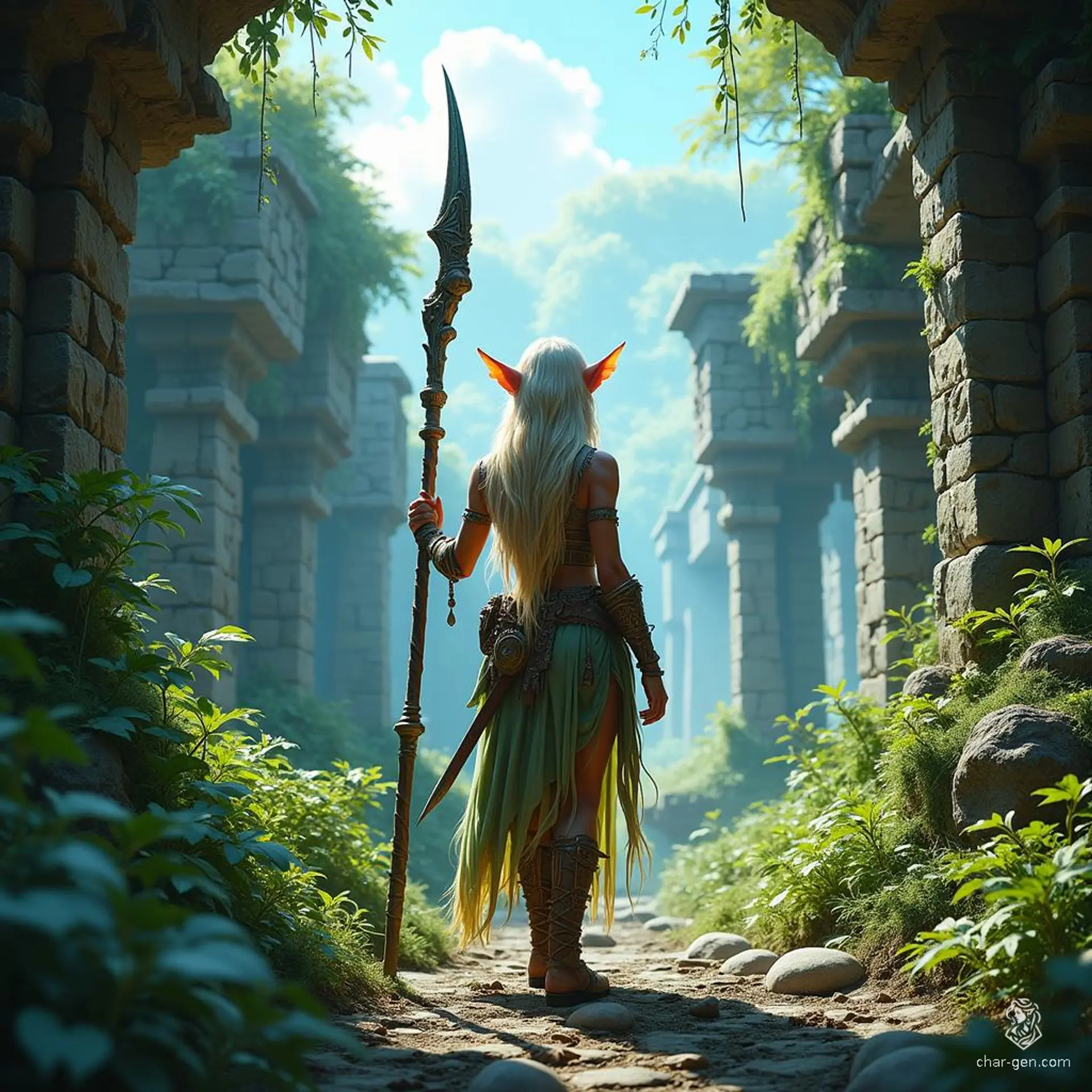 The Spiritborn druid, a nimble wood elf of medium build, wields a glaive with unwavering strength. Adorned in intricately detailed hides, they summon the earth's power alongside loyal animal companions, embodying harmony and wisdom in their lush, natural realm.