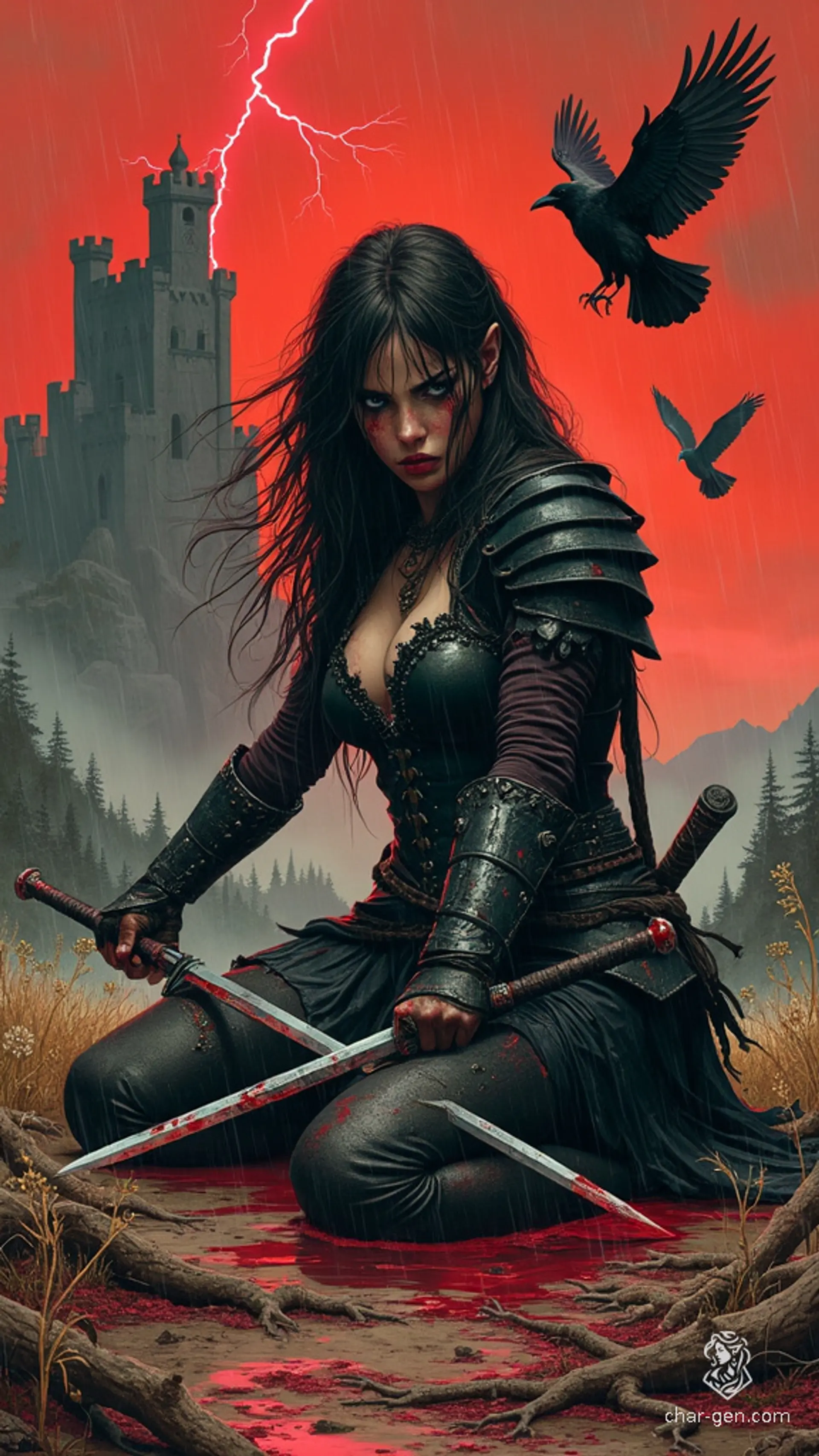 In gritty 1970s dark fantasy style, a deadly female warrior kneels in a blood-soaked field, her blackened armor adorned with raven feathers. With twin swords crossed, fresh cuts marring pale skin, rain-drenched dark hair, she glares at an approaching horde. Above, ravens circle; a blood-red sky looms over a distant, decaying castle.