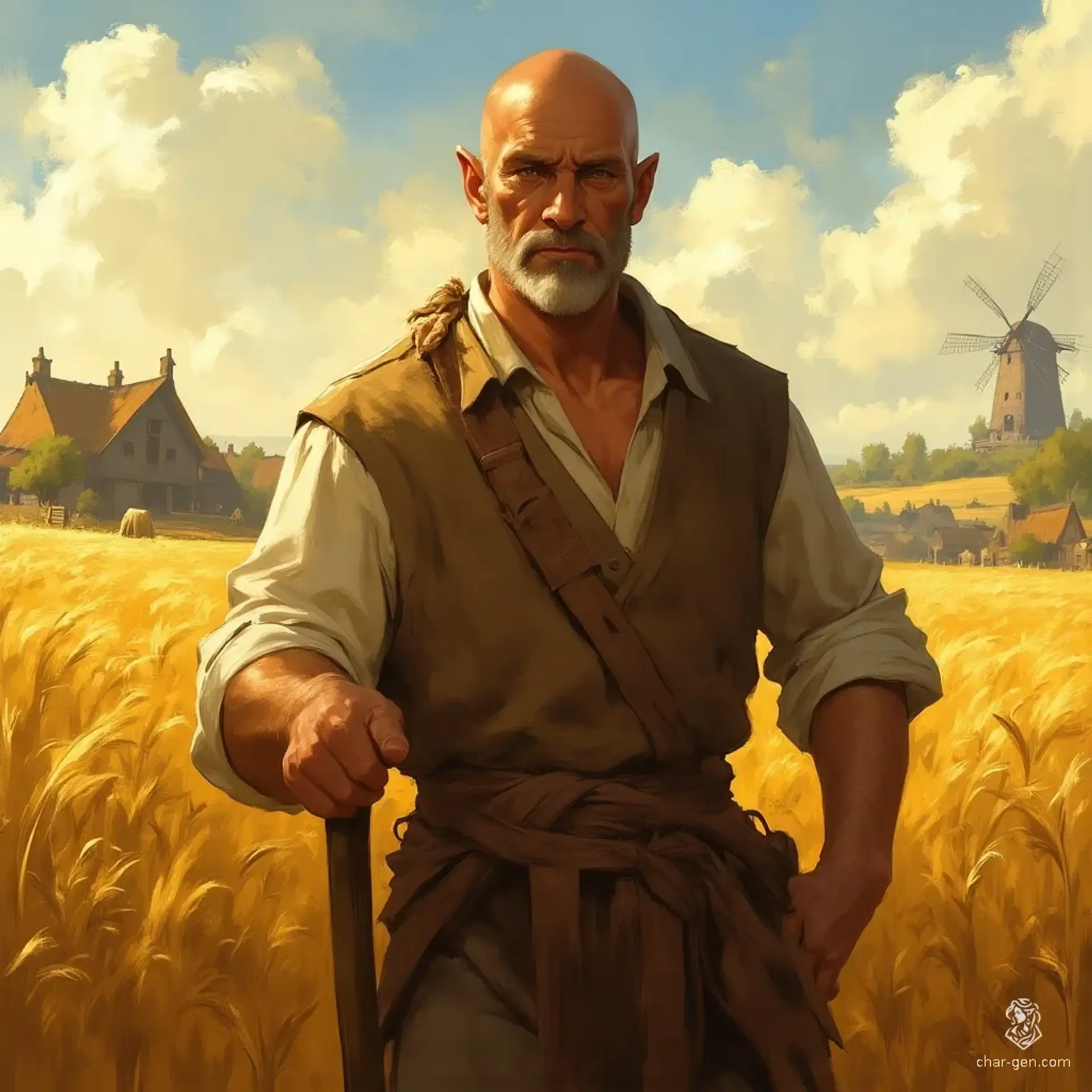 A weathered, bald middle-aged farmer with pale skin and a short beard, his face marked by frown lines and a permanent scowl. Clad in simple clothes, he tends wheat fields under a harsh sun, wielding tools like hoes and scythes with stubborn, rugged determination.