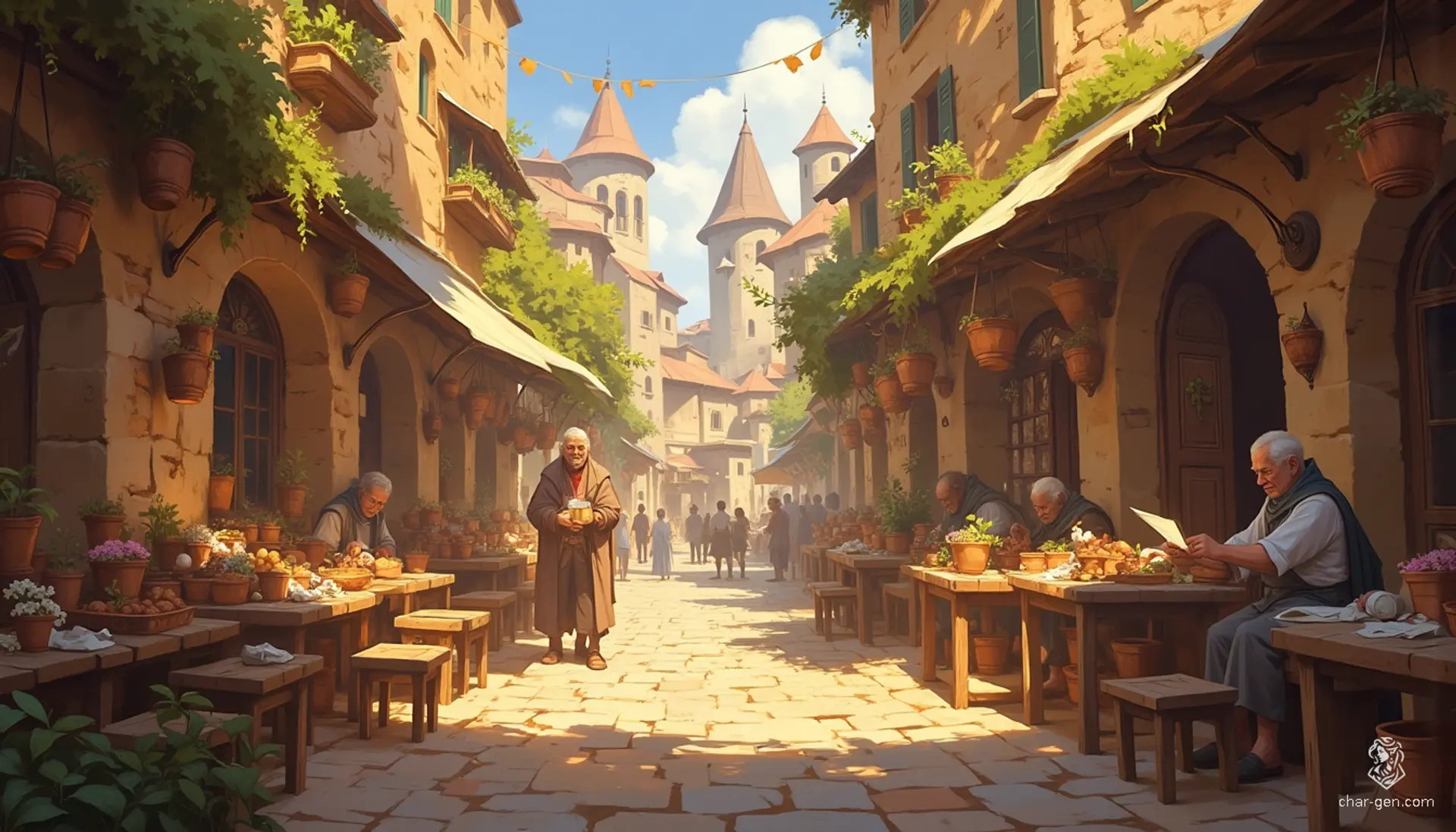 In Westcrown’s central square, golden sunlight bathes weathered cobblestones, casting enchanting shadows. Artisans' creations shimmer amidst hanging flower pots, rich with color. Whispered laughter mingles with a gentle breeze, as the warmth of community breathes life into the city's timeless, faded elegance.