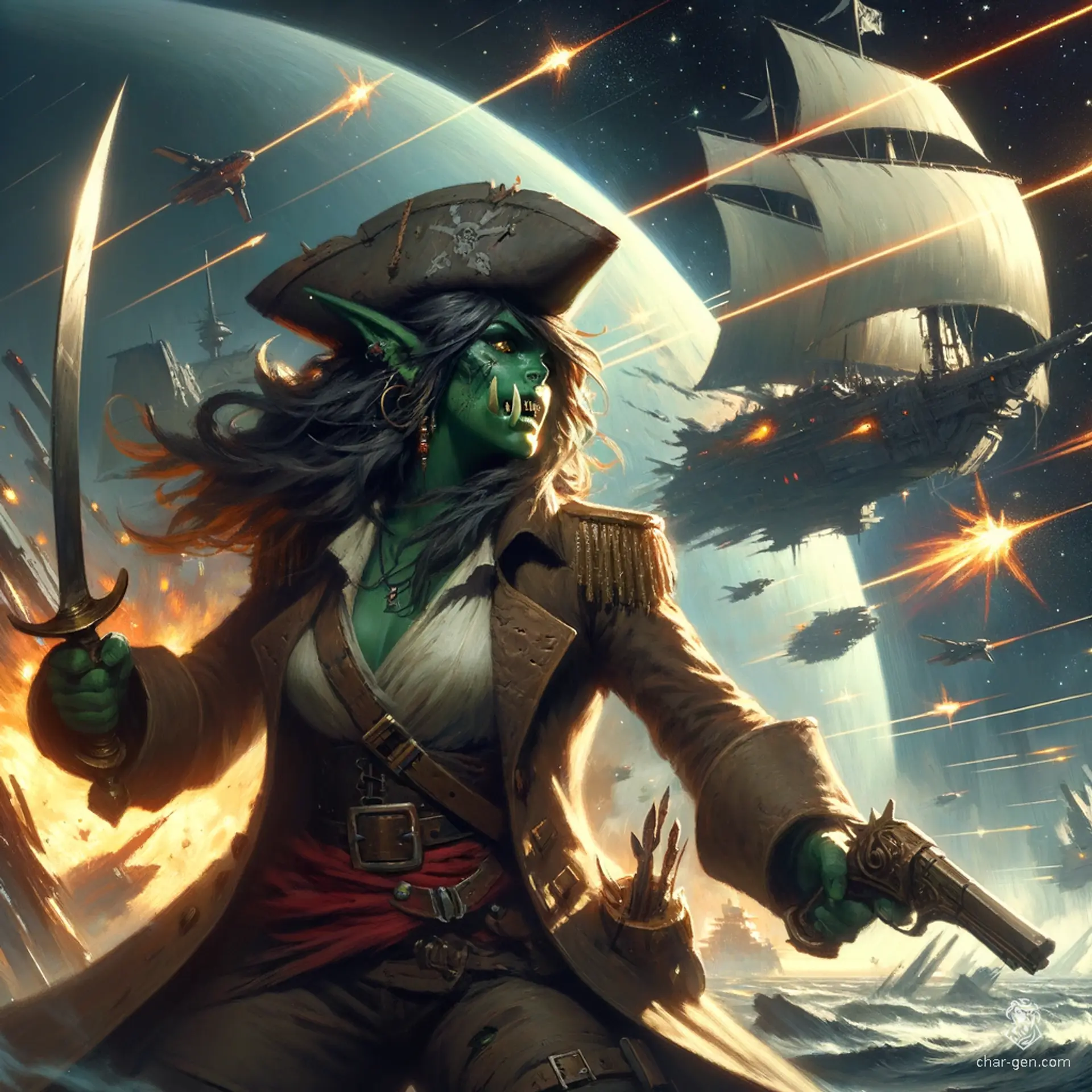 A green-skinned, tusked female half-orc with a top knot and facial scar, this stealthy rogue pirate wields a cutlass and dons a tricorn hat. She battles other spaceships with cannons, seeking treasure across the galaxy with light-footed agility and a cunning spirit.