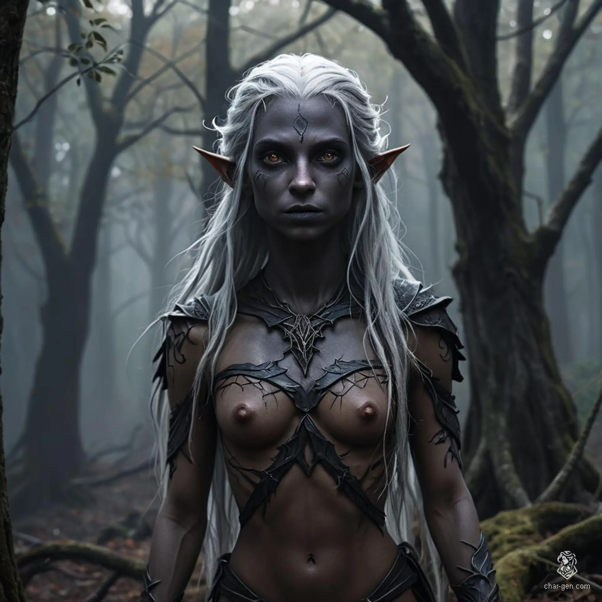 A captivating female dark elf with dark grey skin contrasting sharply against her pure white, long hair. She has purple eyes, a calm expression, and fluid posture, embodying a monk’s serenity. Her toned physique and distinct tan skin texture enhance her striking appearance.
