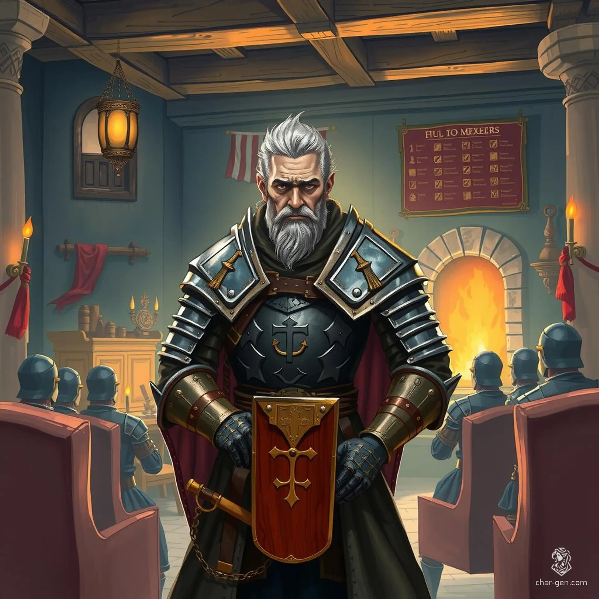 A dignified Paladin and mercenary-captain, this grey-haired, medium-skinned male leads a band of soldiers in mismatched armor. With a protective stance, he exudes a commanding presence as he plans their next contract.