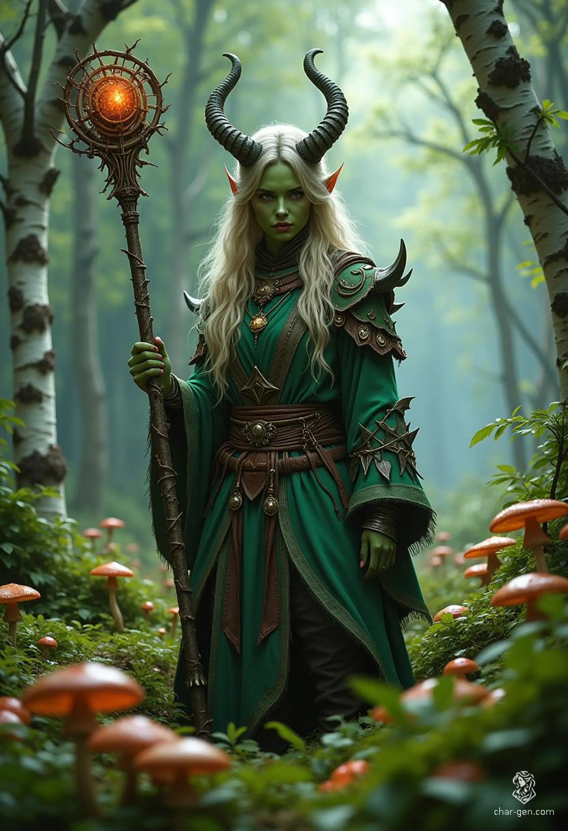 Lilith Valmoira, a tiefling druid with devilish features and vibrant green skin, finds solace in nature amidst her troubled past. Armed with a twig-adorned staff and accompanied by animal friends, she navigates the cursed forests of Barovia, seeking wisdom and belonging.
