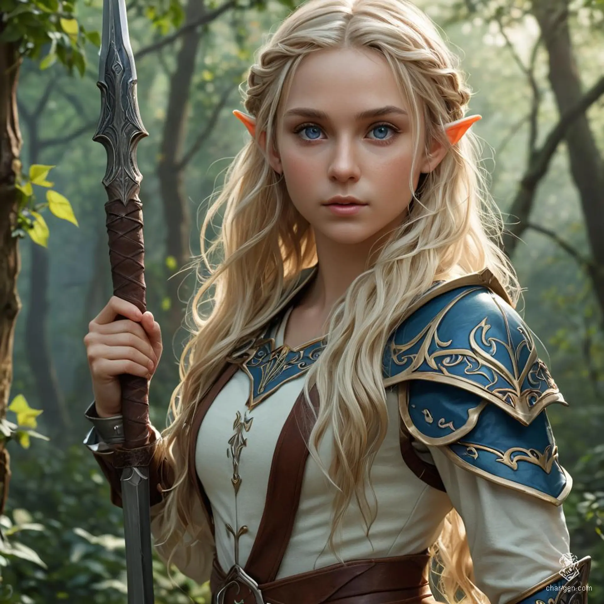 This Fantasy Elf Fighter stands confidently, showcasing an array of weapons. Their fair skin contrasts sharply with long, wavy blonde hair and piercing blue eyes, forming an arresting and formidable presence on the battlefield.