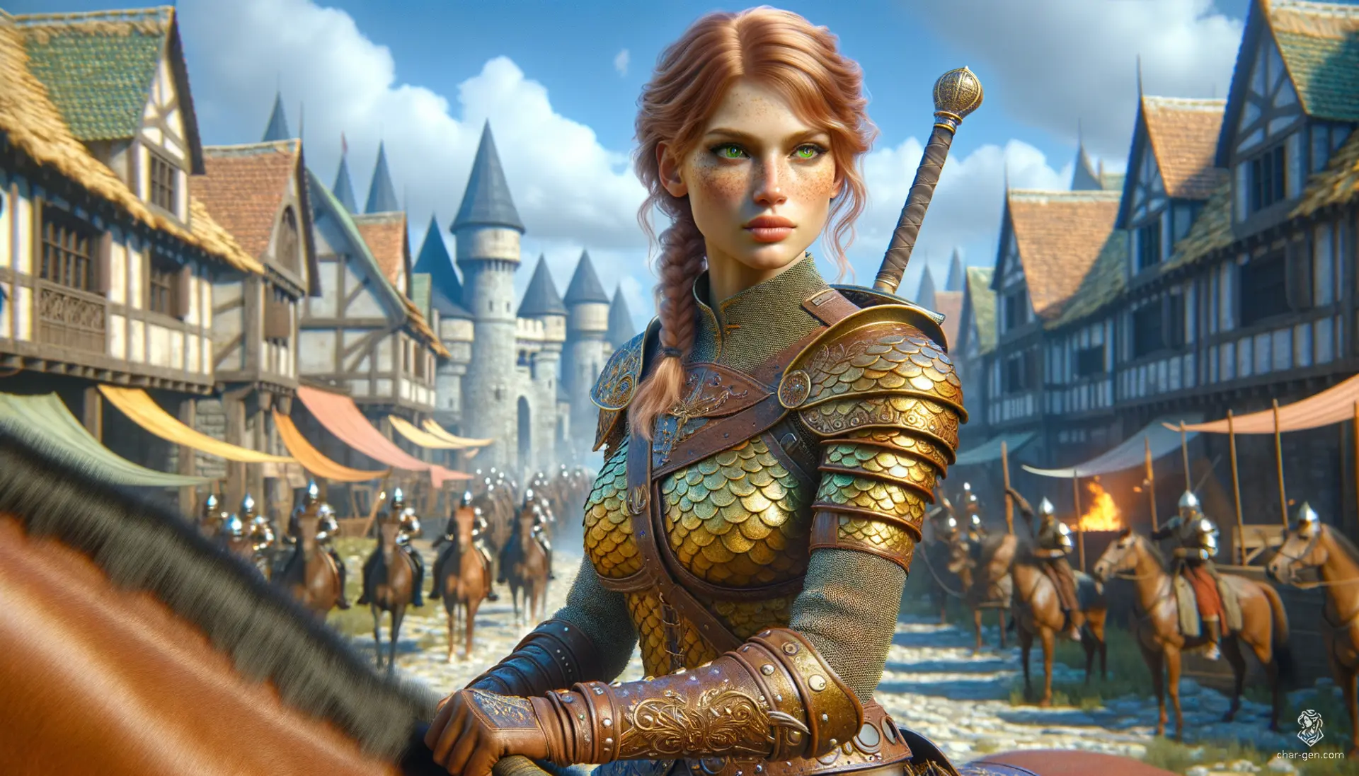 Shanyn, a noble-born fighter with gold-scaled freckles, stands confidently at 6'2", wielding a longsword with formidable skill. This 20-year-old daughter of a dragon, clothed in detailed leather armor, hides a family secret while her copper-braided hair sways as she rides a horse. Her piercing green eyes reveal strength and hidden depth.