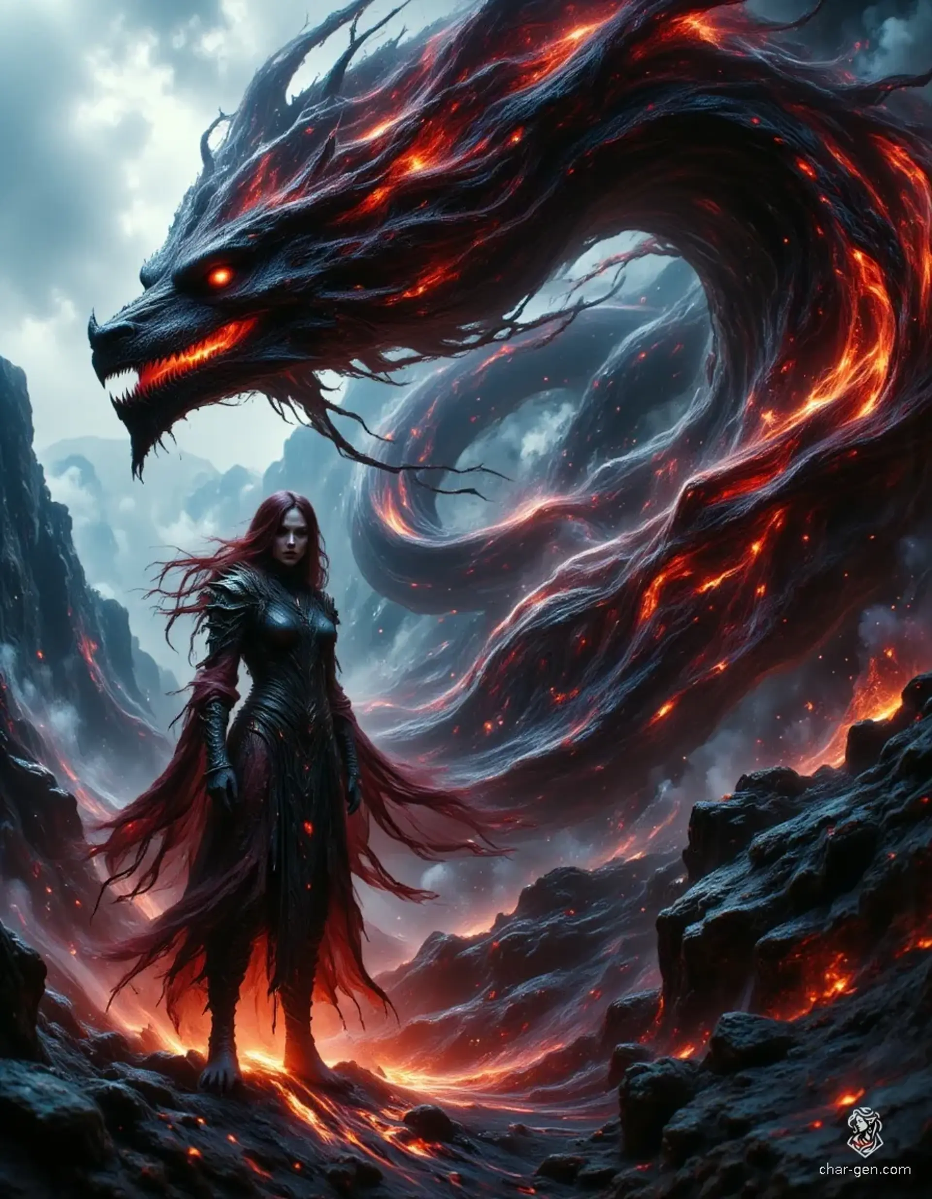 In a volcanic realm, a fierce ranger stands beside the menacing head of a red dragon. With crimson hair and striking yellow eyes, her masterfully crafted obsidian armor gleams. Her striking red skin and bold features capture the fiery essence of her world, embodying the spirit of a relentless warrior.