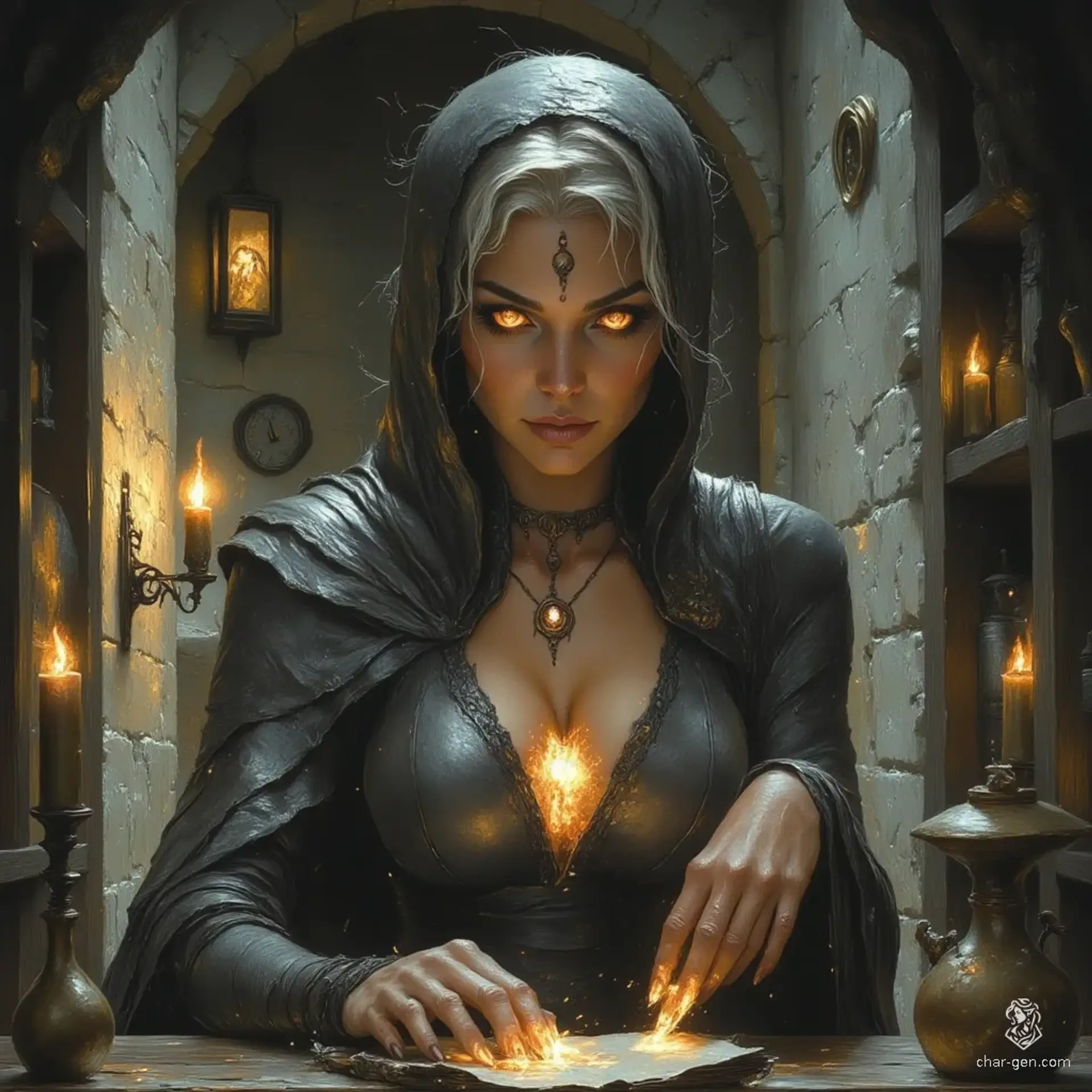 Lucretia Mathias, a frail yet formidable enchantress in her nineties, combines wisdom and age with a touch of mystery. Her piercing gaze and glowing lavender heart shard hint at untold power, while she clutches her heavy tome, ready to unleash ancient spells and secrets.