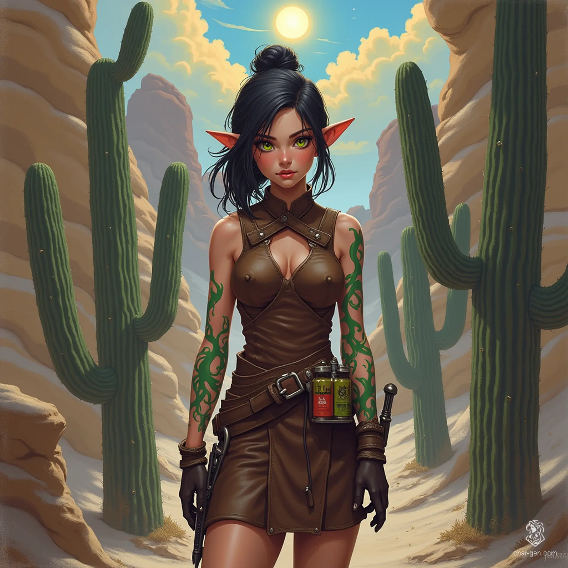 Izzy, a newly emancipated halfling assassin, is a perky yet lethal crossbow specialist. With snake-like yellow-green eyes and green scale tattoos, she embodies danger. Dressed in a tight brown tunic, she lurks in shadows, exuding competence and malice as she waits for her next target. 