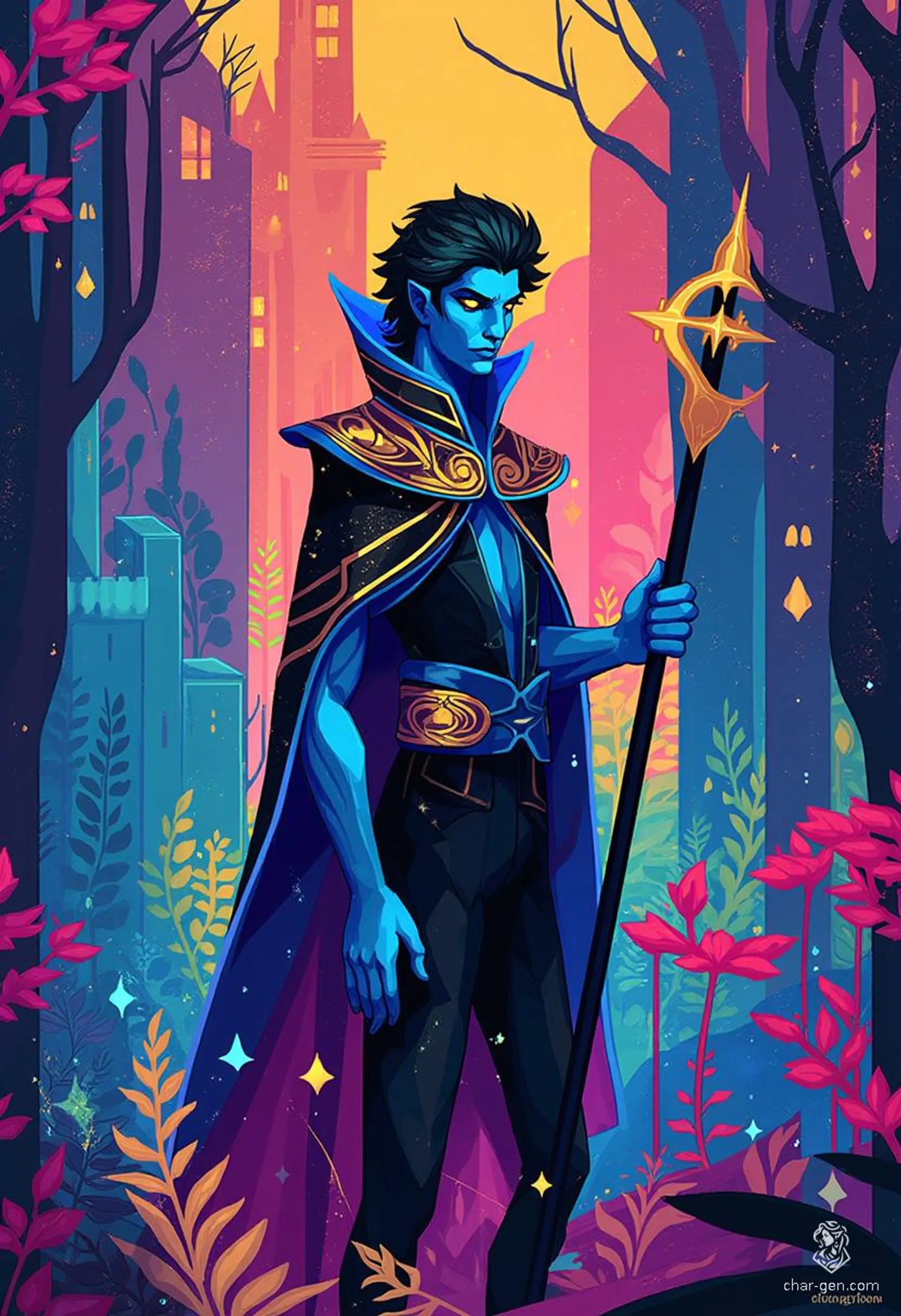 Krackle Brightbeak is a 20-year-old, blue-skinned kenku sorcerer with a raven-like head and wings. A charming and intelligent criminal, he wields an enchanted quarterstaff and wears a mesmerizing, shifting cloak that enhances his unpredictable magic, all while exuding a powerful aura of mystery.