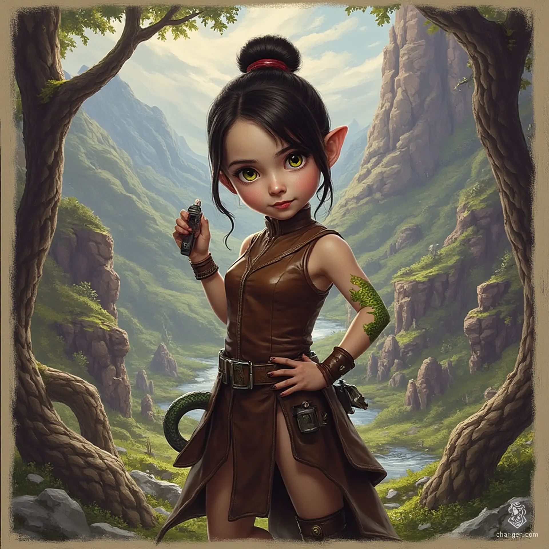 Izzy, the newly emancipated halfling assassin, is a perky yet deadly crossbow specialist. Standing at 1.5 meters, she possesses an alluring figure and snake-like yellow-green eyes. Adorned in a tight brown leather tunic, her shimmering green scales hint at her dangerous nature. With concealed daggers at the ready, she embodies stealth and cunning in her thrilling pursuit of prey.