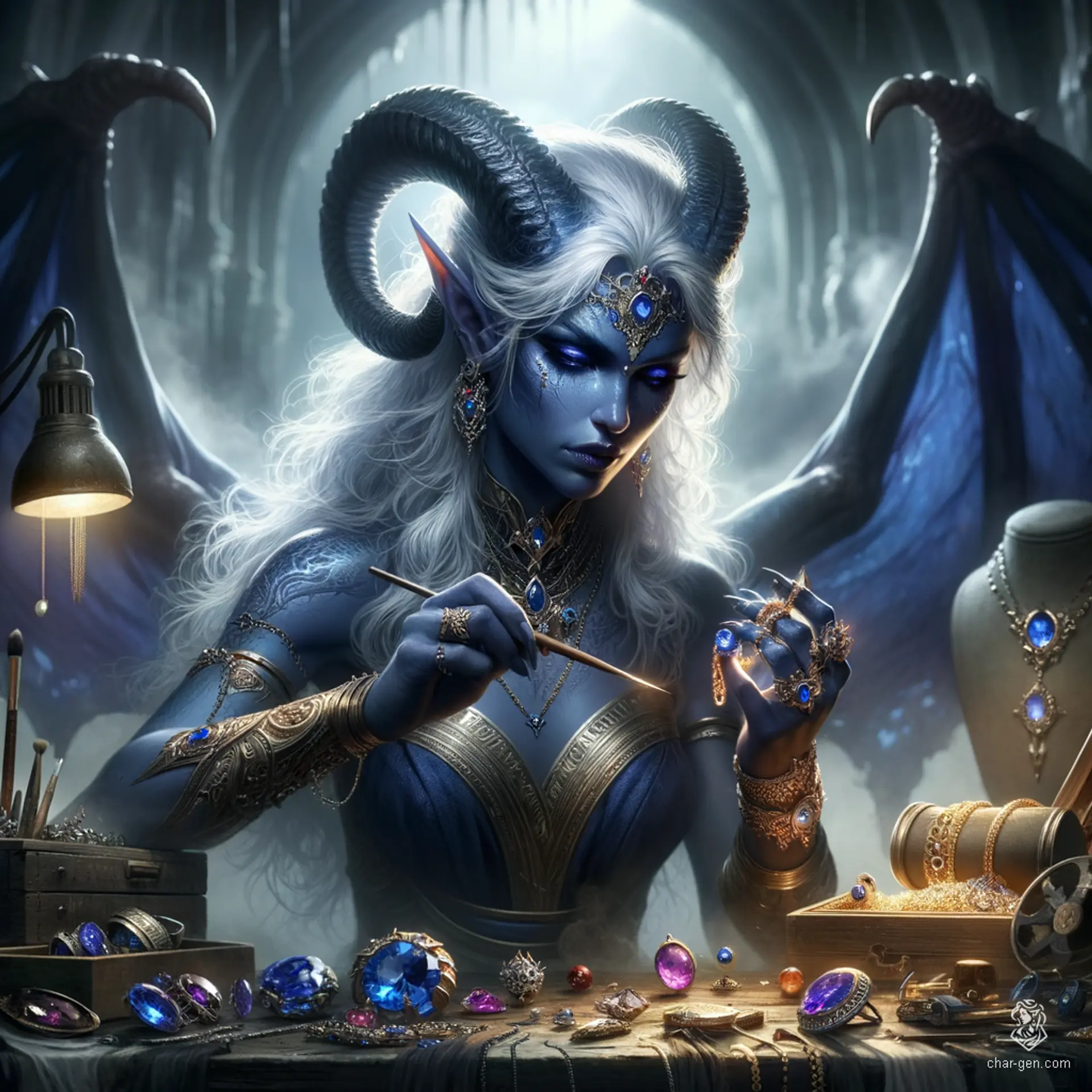 A blue-skinned, white-haired female tiefling warlock, adorned with arcane sigils, balances her devilish features and magical aura while working as a jeweler. Amid precious stones and metals, she meticulously crafts and appraises fine adornments, her eerie white eyes reflecting both mystery and skill.