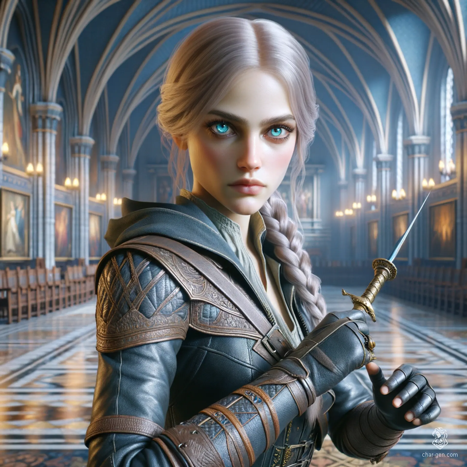 Lillian Gordiana, a 19-year-old human rogue standing 5'6" and weighing 130 lbs, is a nimble and hardy assassin. Draped in intricately detailed leather armor, her pale skin and turquoise-gold eyes sharply contrast her braided blonde hair. Extremely intelligent and charming, she wields a dagger with precision.