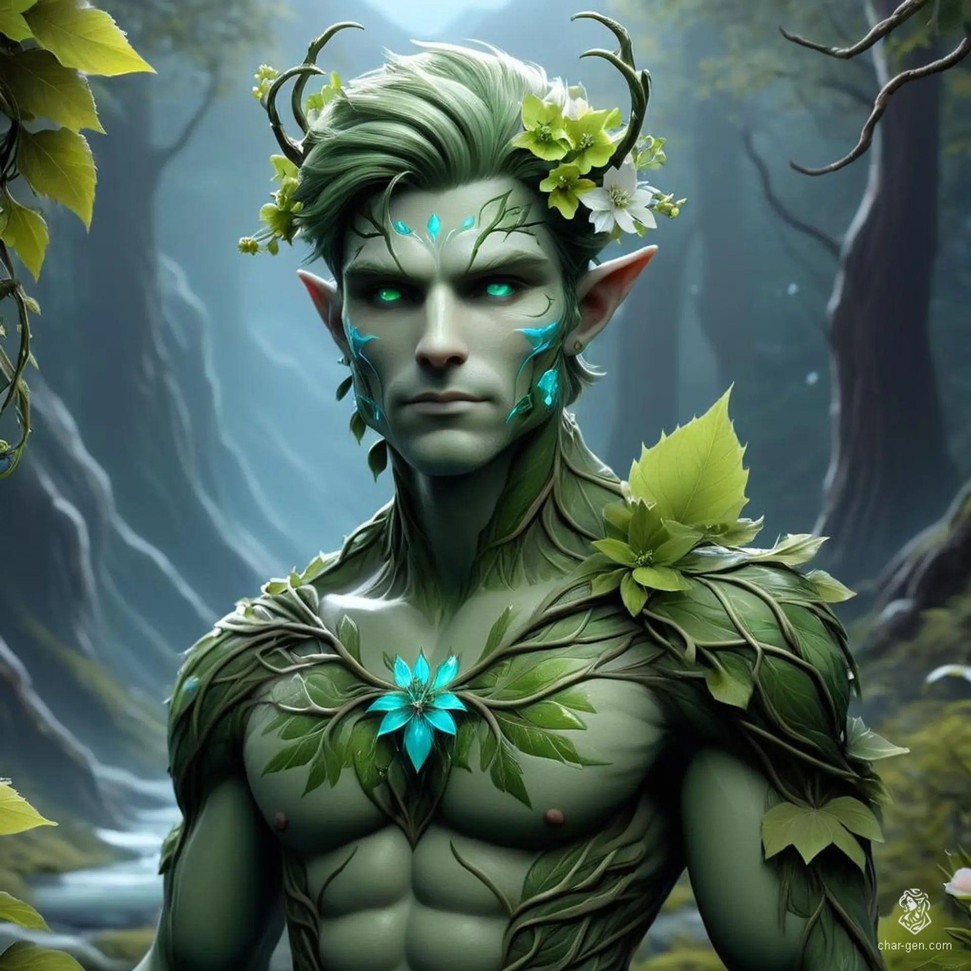 A male Sylvari hunter, adorned with contrasting tattooed, leaf-green skin and bioluminescent patterns, possesses vine-like hair and petal eyelids. This Druid, an elemental master of light and darkness, wields a bow or spear alongside his animal companions, tracking through forests and mountains, his figure merging the ethereal beauty of flowering vines with the robust athleticism suited for the xuanhuan world.