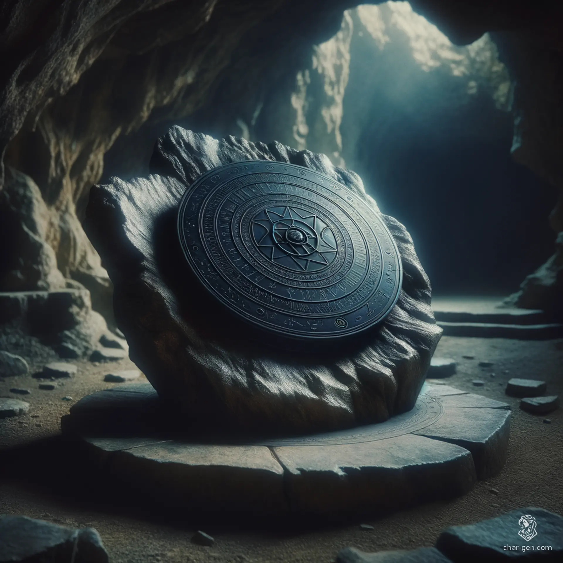 In a mystical glade, an ancient stone altar rises amidst vibrant emerald foliage, cradling a lustrous black metal disk that shimmers with arcane energy. Majestic, moss-covered trees tower overhead, their twisted branches intertwining, while a soft, ethereal mist weaves through the air, whispering secrets of forgotten magic.