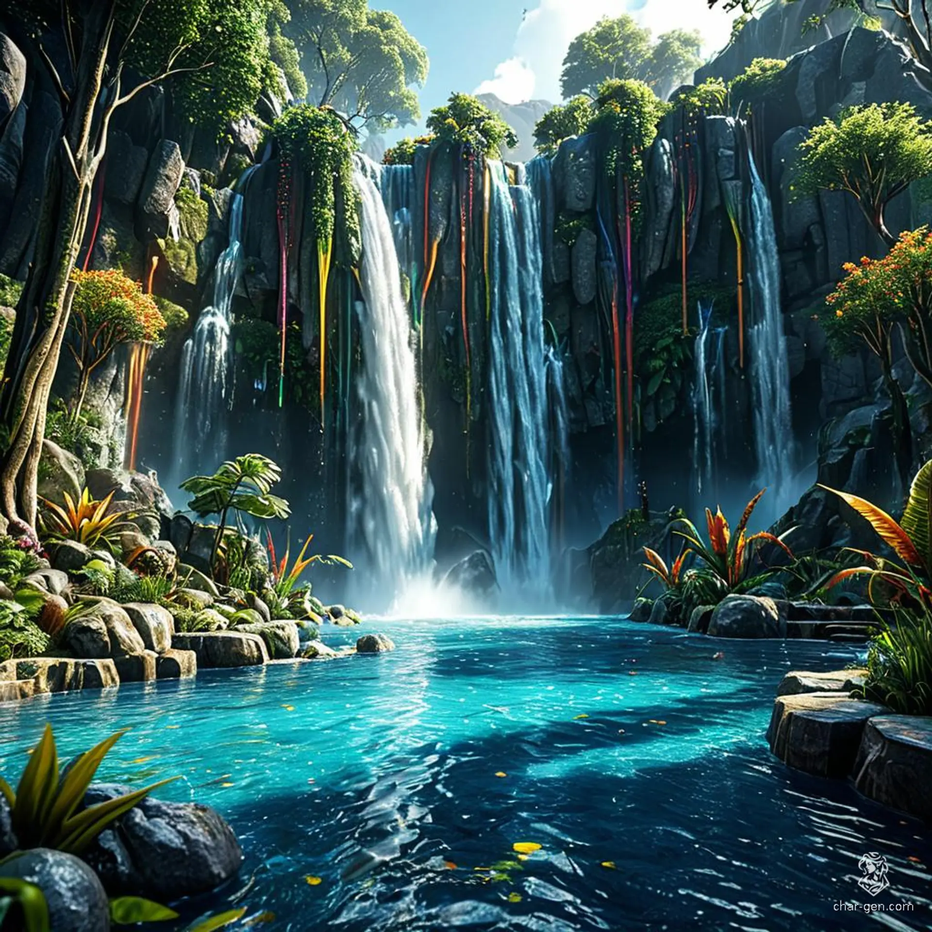 A breathtaking cascade feeds a crystal-clear pool, danced upon by shimmering rainbows. Graceful water elves glide through misty sprays, their iridescent forms blending seamlessly with verdant flora. This ethereal sanctuary, brimming with vivid life and color, feels plucked from a dream.