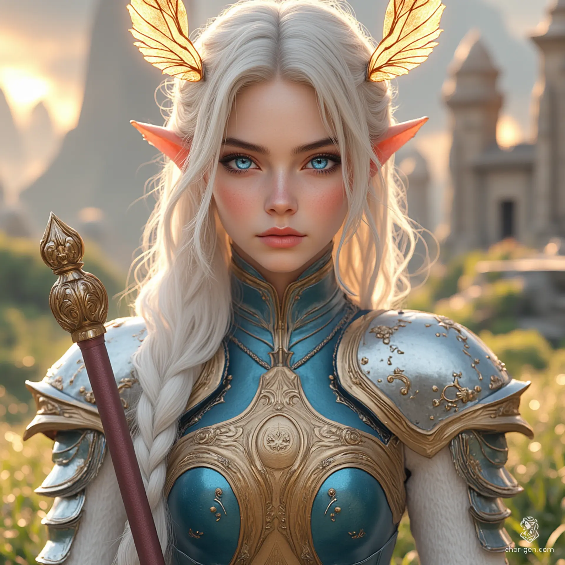 Puriel is a striking aasimar fighter, her shimmering halo complementing the intricate chain mail that clings to her medium frame. With unusual blue eyes and white-blond cornrows, she stands confidently, gripping a massive greataxe. Strong yet simple-minded, her angelic lineage radiates in both her presence and her subtle glow.
