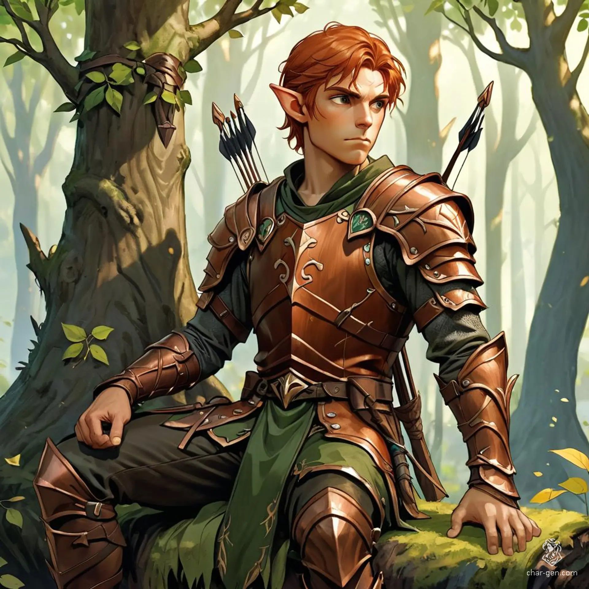 Perched in a tree, a young wood elf fighter with copper hair and brown skin seamlessly blends into the forest. Adorned in leather armor and leaves, his bow rests across his shoulder, showcasing his mastery as an archer.