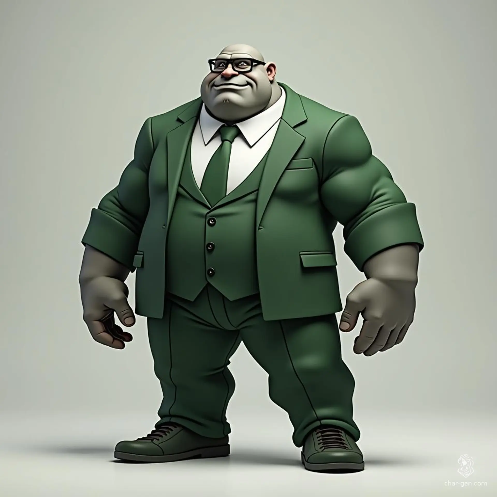 Meet Gromak, the towering Goliath at 9'3", with grey skin and a formidable presence. Adorned in a stylish green and white three-piece suit, he balances strength with an unexpected touch of sophistication, accentuated by his small rectangular glasses that lend him an air of wisdom amidst his brute power.