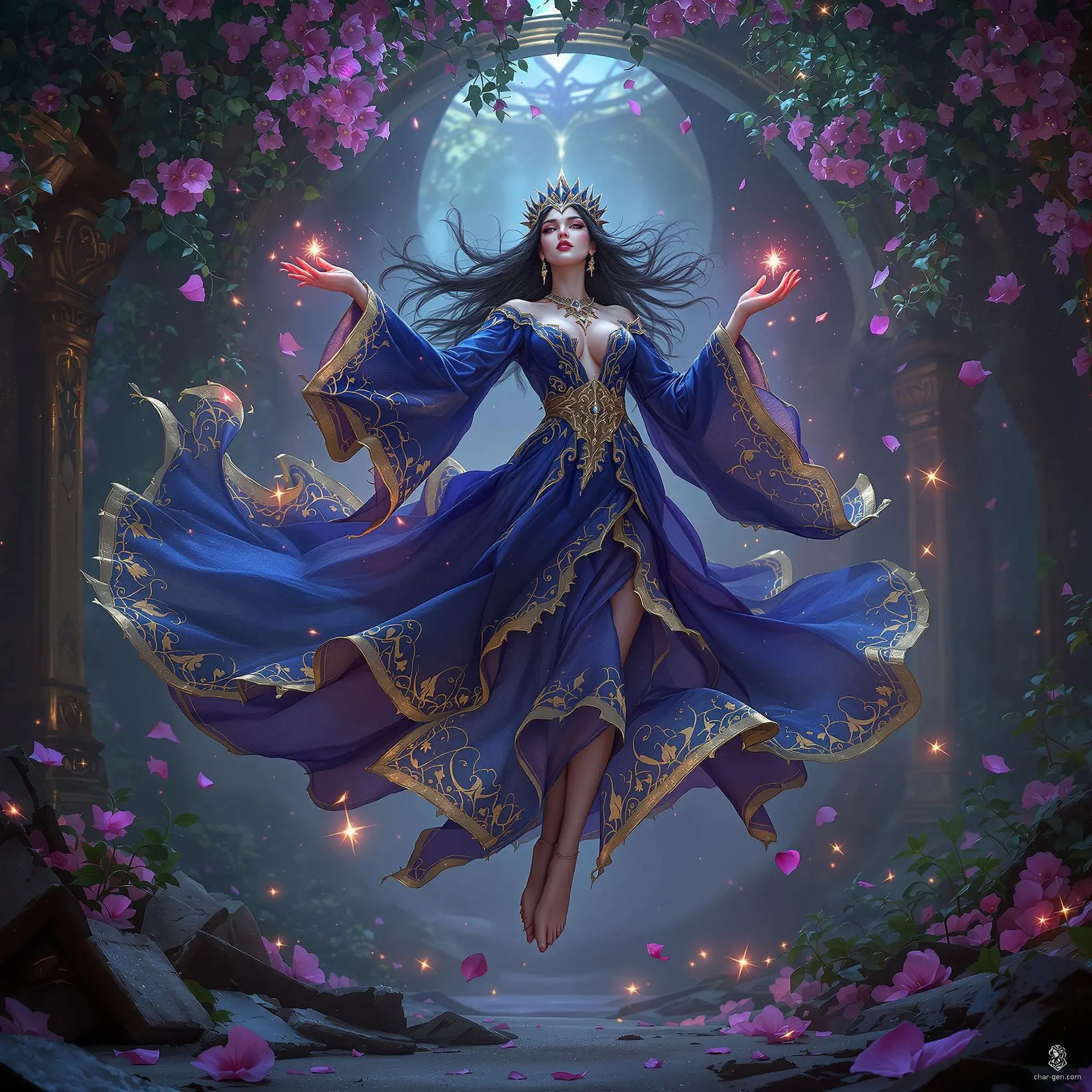 In the midst of a ravaged grand ballroom, a regal, ethereal female figure hovers, exuding a commanding presence. Draped in dark blue and violet robes trimmed with gold and trailing magical energy, her long, dark hair flows behind a silver-blue spiked crown. Her hand, adorned with gold jewelry, raises gracefully against a soft, mystical glow, embodying an otherworldly queenly essence.