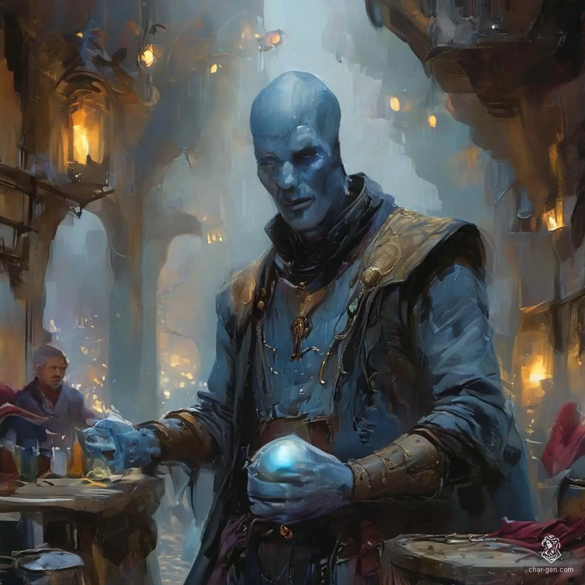 A tall, blue-skinned vedalken with a large, bulbous head and slender fingers manages their tavern while donning a bartender's apron. Their expertise ensures every patron enjoys their stay, with meticulously prepared rooms and meals served with care.