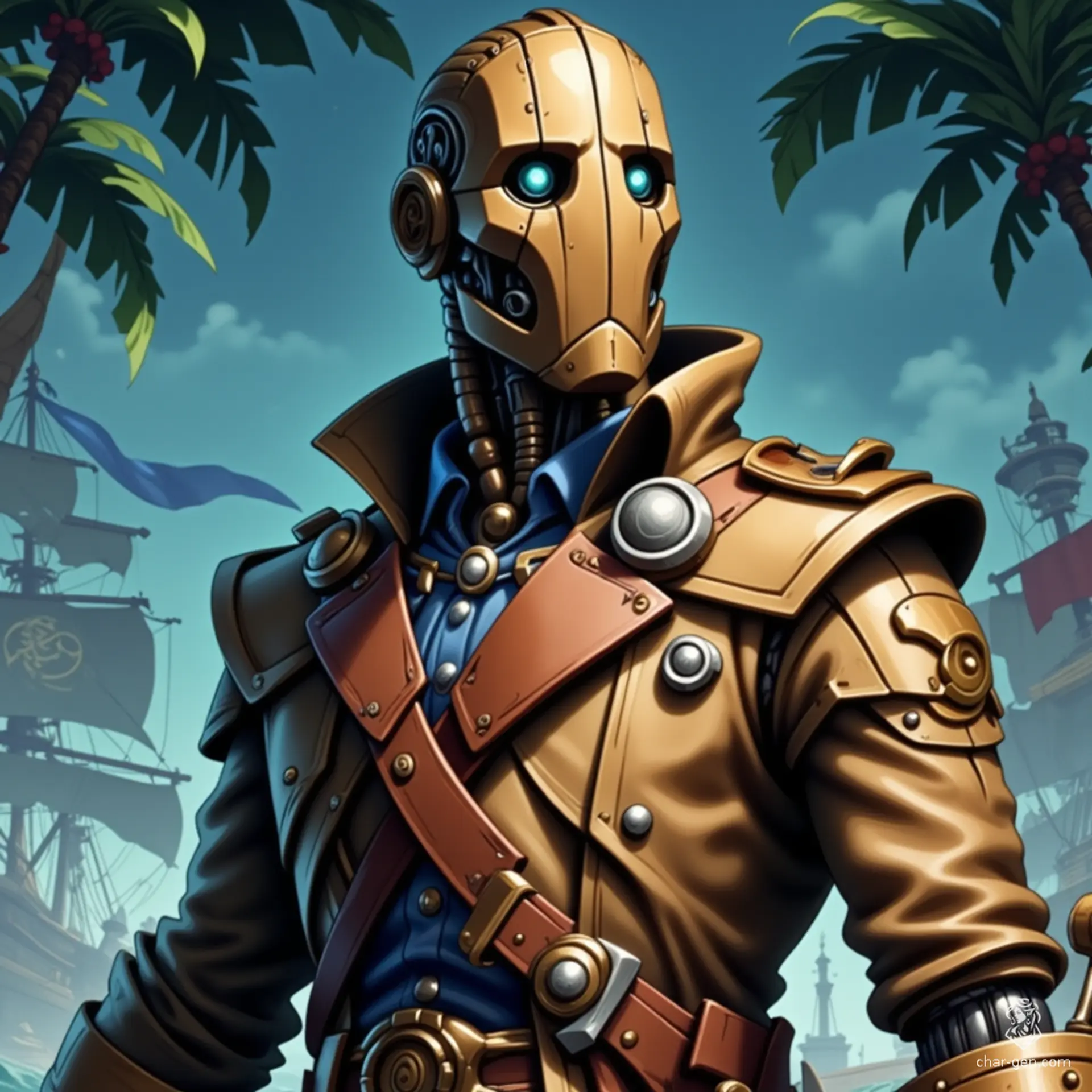 Meet Captain Cogsworth, a small wooden automaton adorned in a blue ship captain's coat and a tricorn hat. With a featureless mask hiding a mind of gears and magic, he wields a saber while commanding his vessel through mystical seas, blending steampunk charm with swashbuckling adventure.
