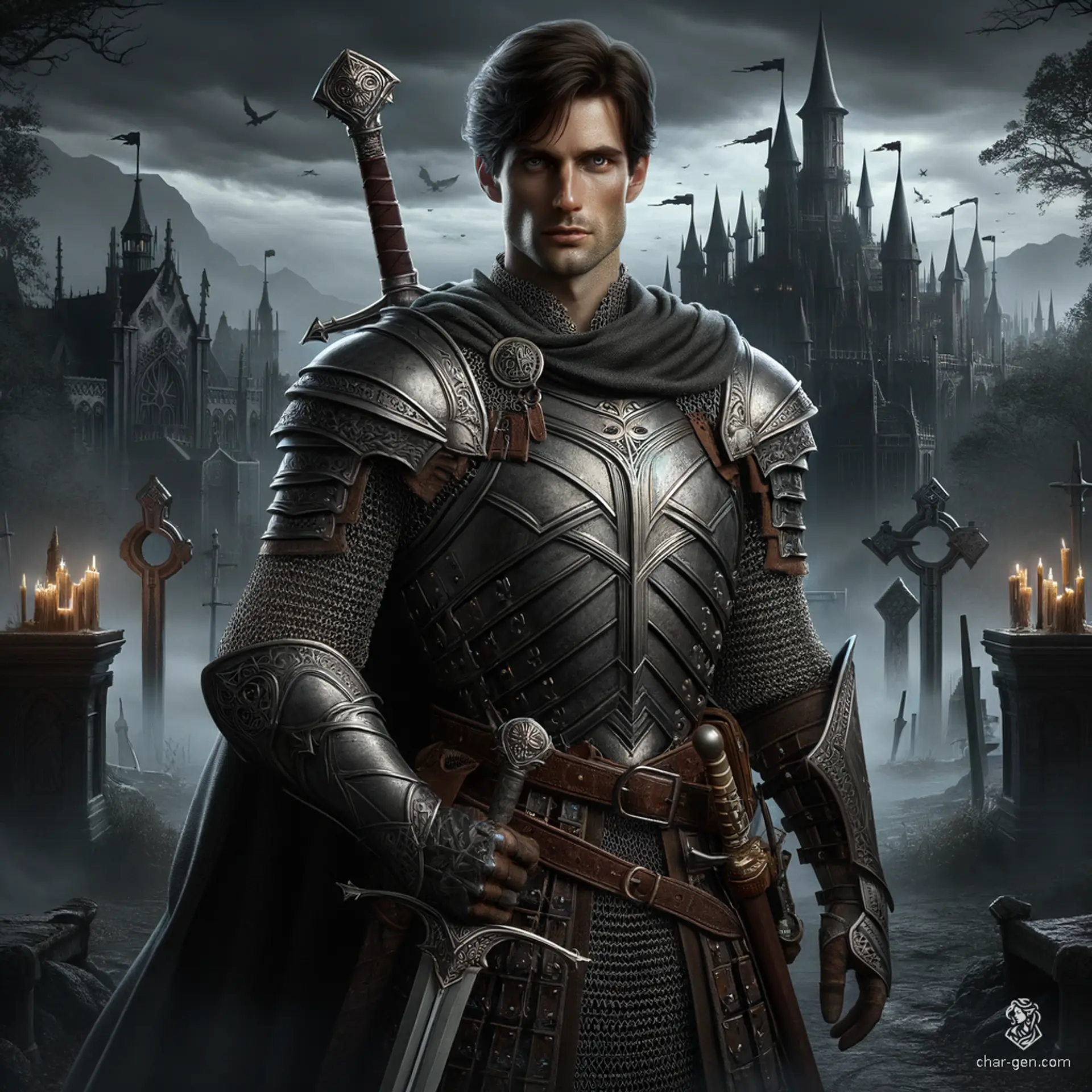 Marcus Thorne is a 25-year-old, fair-skinned, blue-eyed human Paladin of medium build standing at 6'4" tall and weighing 210 pounds. With rich espresso brown hair and a dignified aura, he wields a longsword and a detailed shield with grace. However, this once noble knight, born of humble origins near Eden and trained by Sir Galahad, is now an oathbreaker, possessed by a demon with evil in his eyes, donning chainmail.