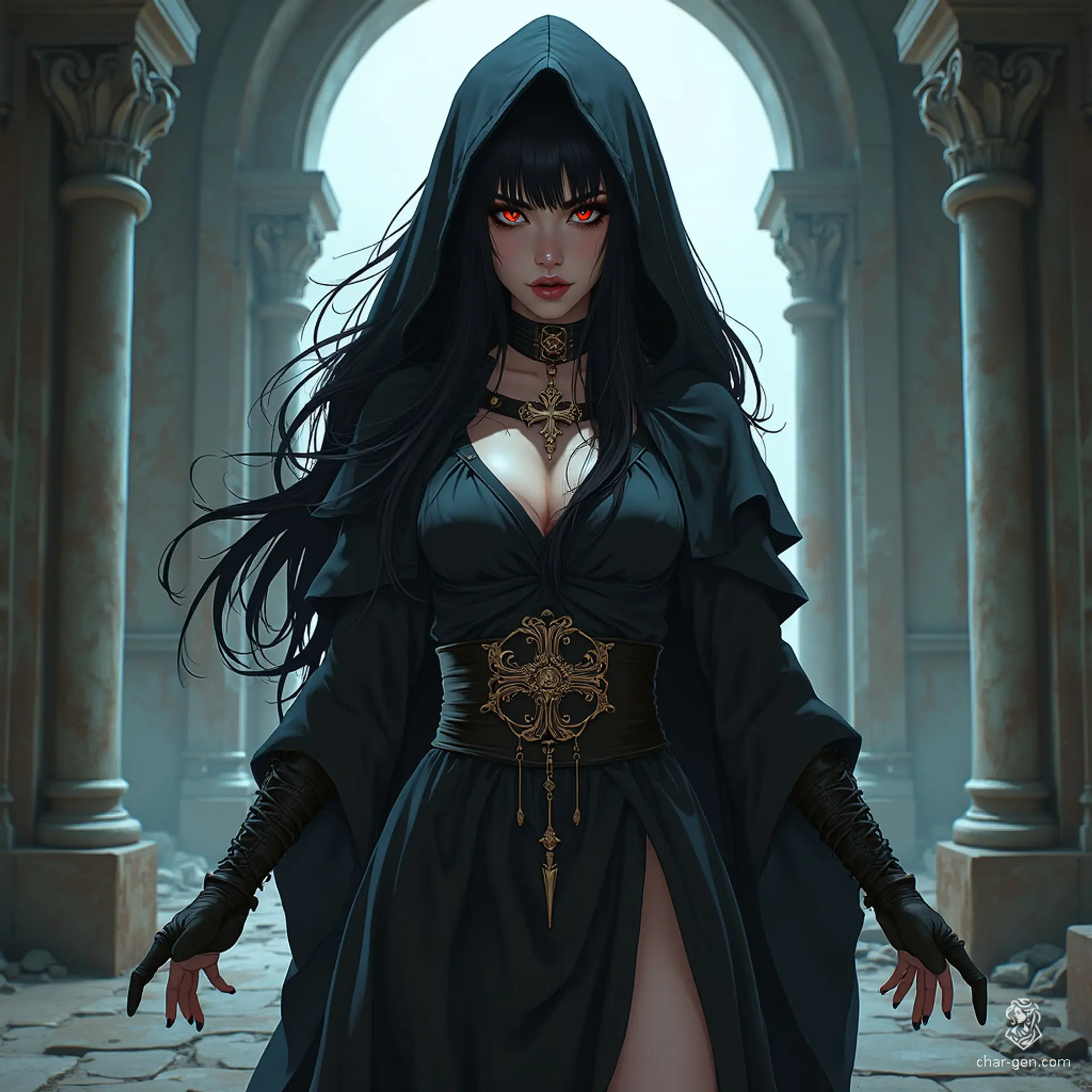 The Gothic priestess, a serene yet seductive cleric with jet midnight black hair, dons hooded robes in a dark gothic horror aesthetic. Her holy symbol shines prominently against leather boots, embodying an enigmatic blend of sacred devotion and alluring mystery.
