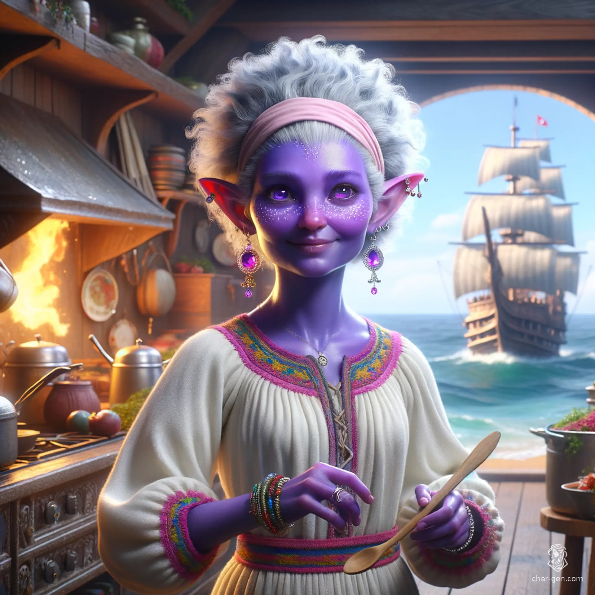 A serene, radiant female deep gnome cleric with bright purple skin, sporting thick, curly silver-white hair wrapped in a bandana. Dressed in an off-white dress with Eastern European designs, she joyfully cooks amidst a bustling kitchen, her bright purple eyes sparkling and a wooden spoon in hand.