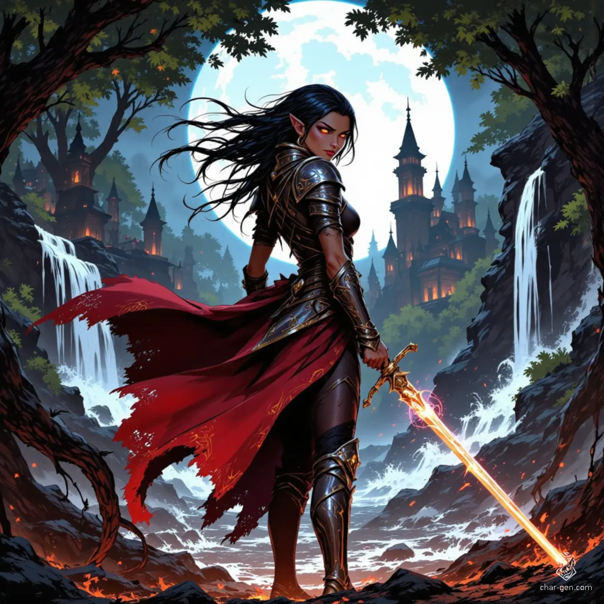 Asajj Foy is an enigmatic warrior with flowing obsidian hair and striking pale eyes. Her graceful, dancer-like movements hide formidable strength, wielding twin longswords with precision. Set against Longwood Falls, her mysterious past promises untold adventures in a serene yet captivating world.