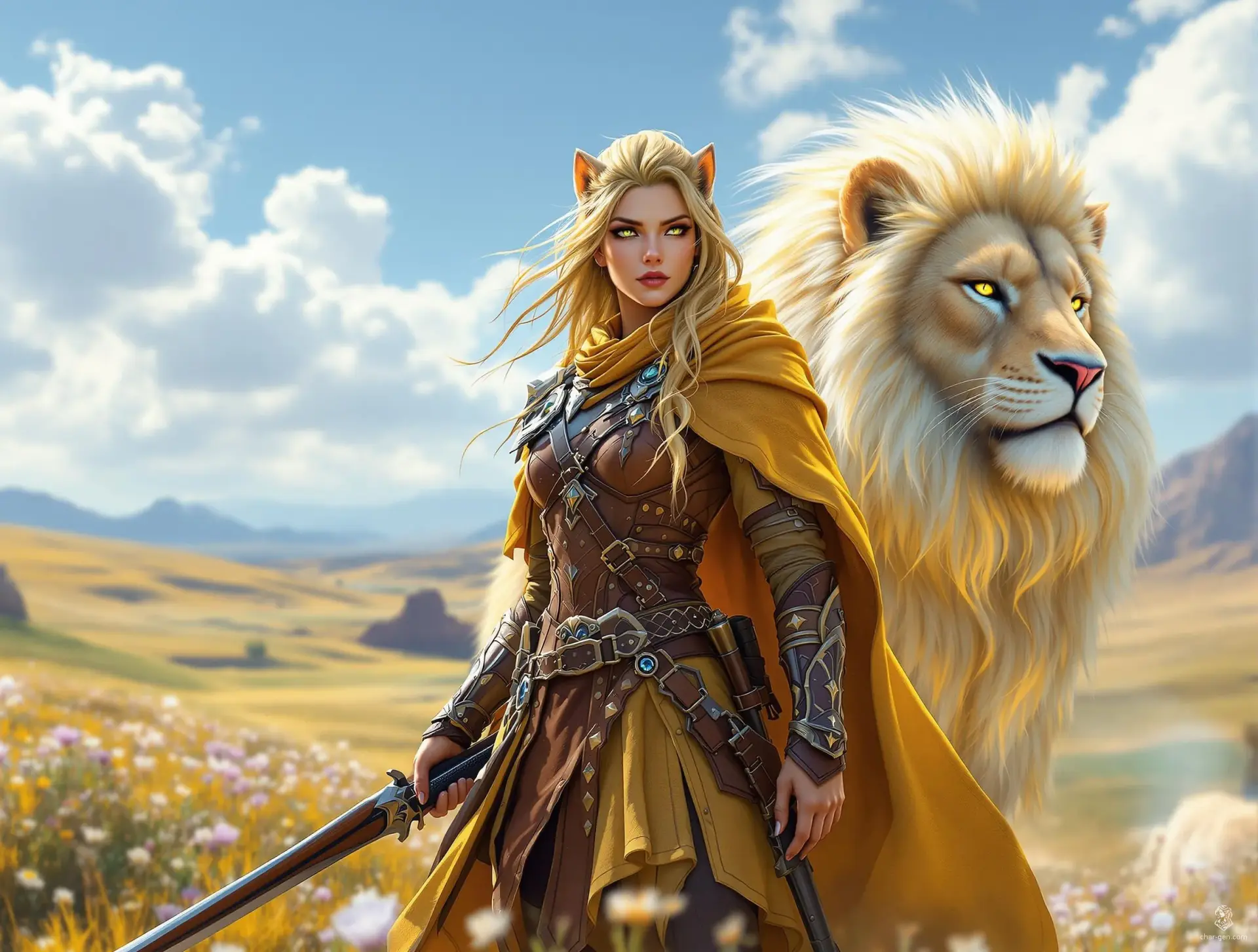 Leona Prideguard, a striking 24-year-old Leonin ranger-paladin, commands the sprawling plains atop her celestial lion mount. Clad in two-tone Mongolian-inspired armor and a golden cloak, her tawny fur and vivid green eyes gleam as she carries a long hunting rifle and lance, embodying wisdom and charm.