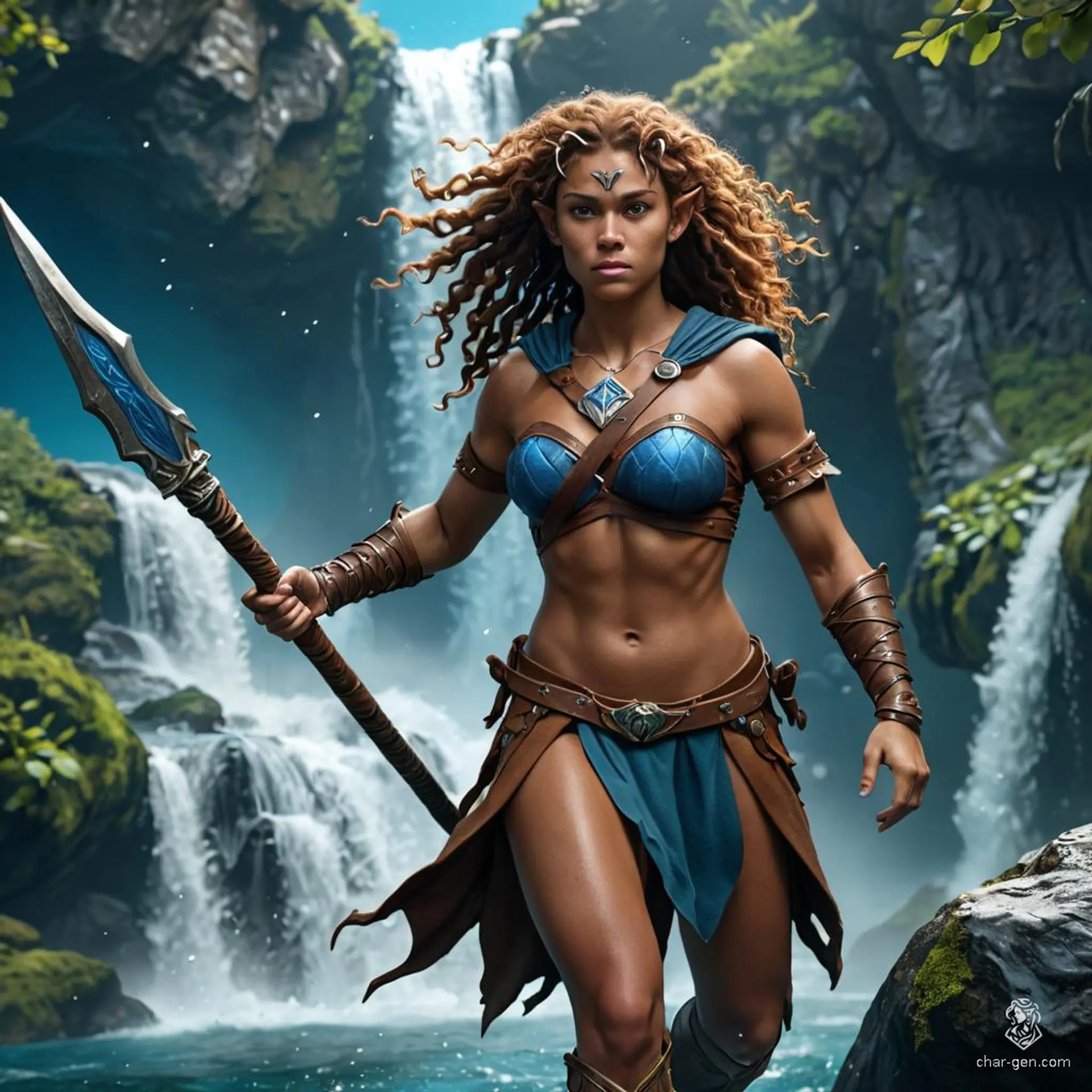 A fierce half-elf barbarian, she embodies the spirit of the wild. With curly hair cascading over her rugged features and distinctive tan skin, she balances elegance and strength, wielding her fierce heritage proudly. Her wild nature and untamed spirit make her a formidable force in any realm.