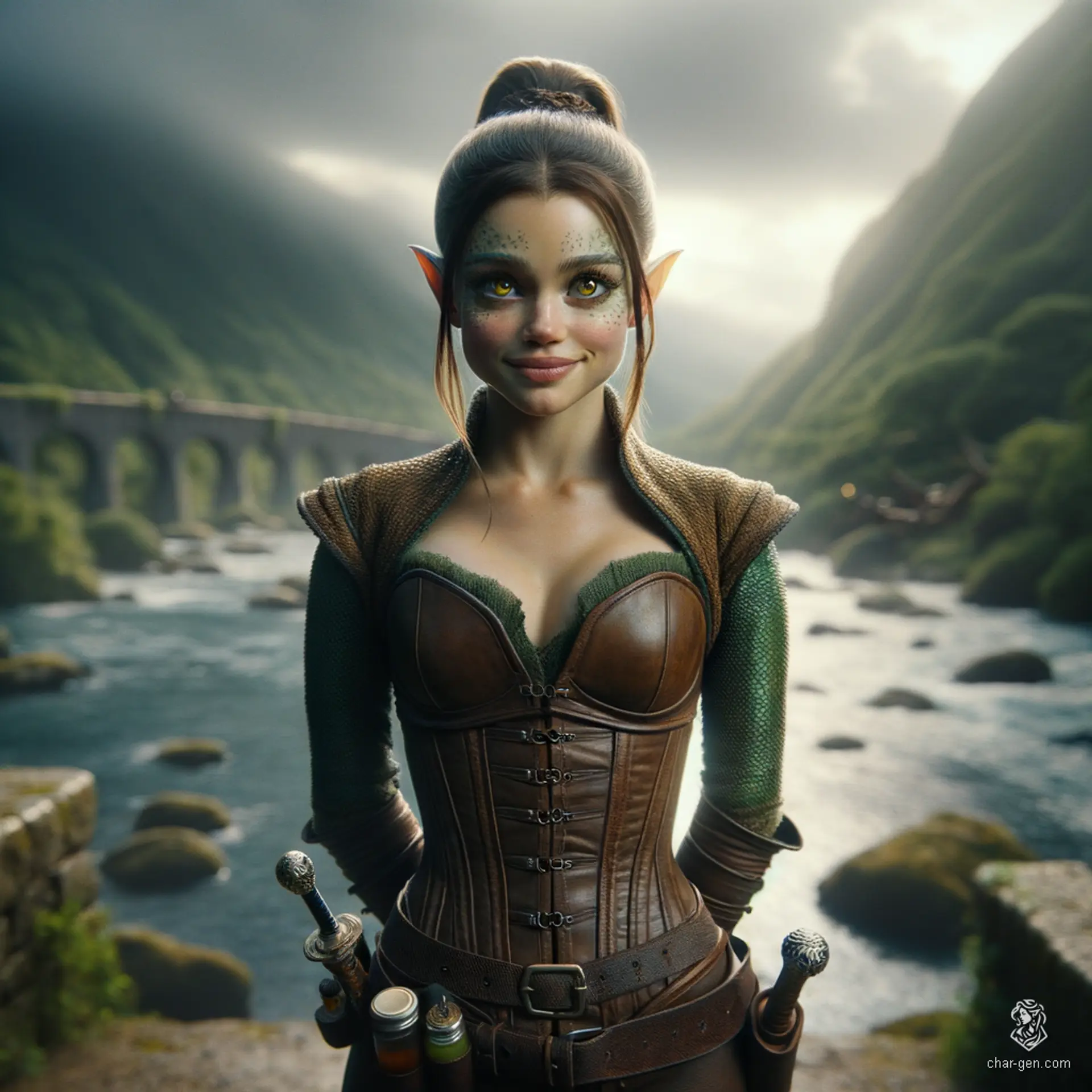 Izzy, a young halfling assassin, blends beauty with danger. With striking yellow-green eyes and shimmering green-scaled arms, she embodies stealth and cunning. Clad in a fitted leather breastplate, she wields crossbows and poisons, ready to strike from the shadows with a malicious smile.
