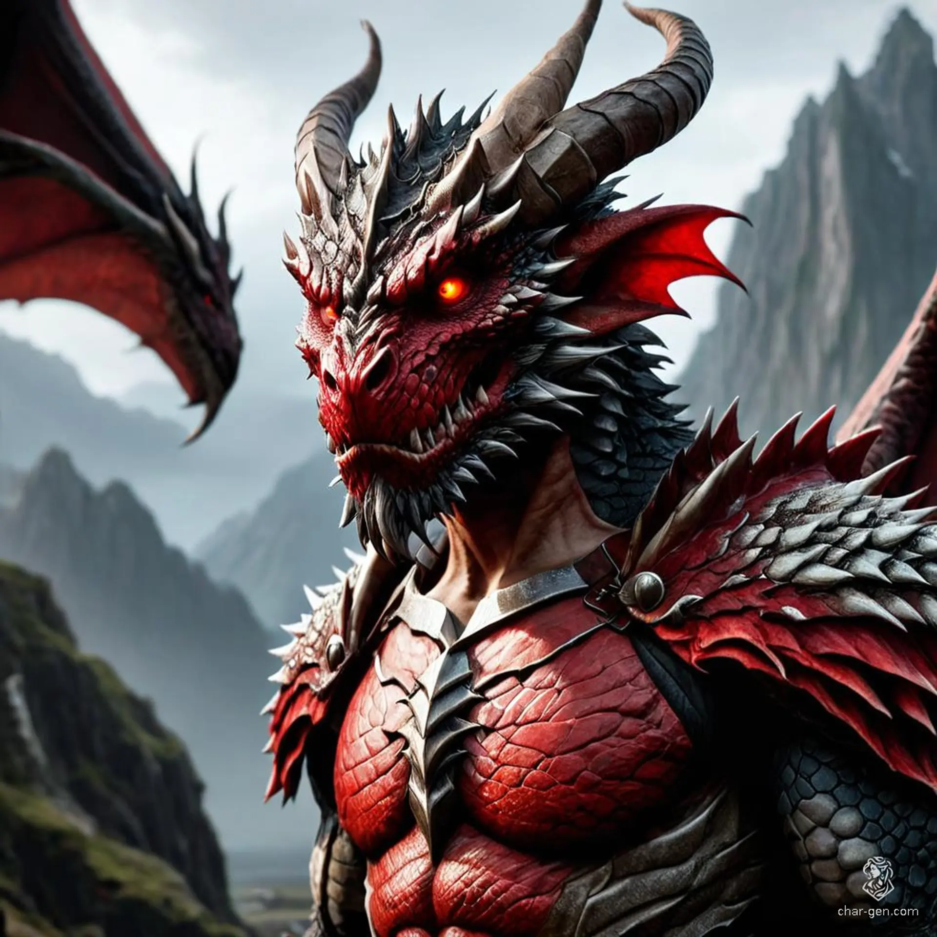 An evil, red-skinned (dragonborn) male features a dragon-like snout, scales, frilled ears, small horns, and a distinctive dragon-like head with a crest. The vibrant red of his skin stands out sharply, embodying a fearsome and menacing presence.
