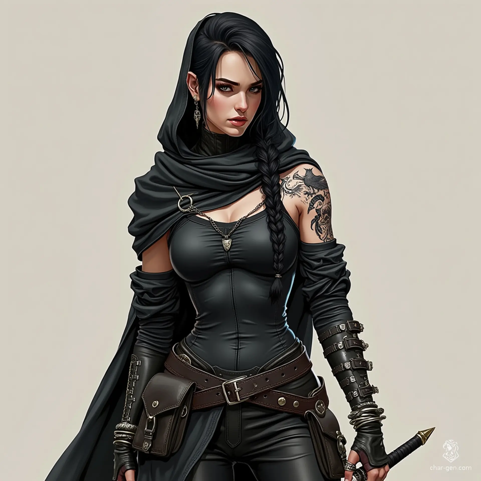 Meet Kaelith, a fierce rogue cloaked in shadows, with long braided dark hair and intricate tattoos depicting skulls and serpents. Adorned in fitted black leather armor and a hooded cloak, she wields hidden daggers, embodying stealth and determination in a dark fantasy realm.