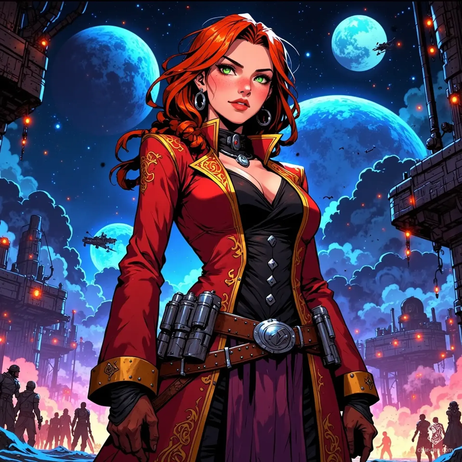 Captain Marissa Voss, a commanding presence in her crimson jacket, stands poised on her starship’s deck. With sharp green eyes and a fierce energy whip at her side, she leads her bustling crew into thrilling battles, fearlessly assessing every challenge that arises.