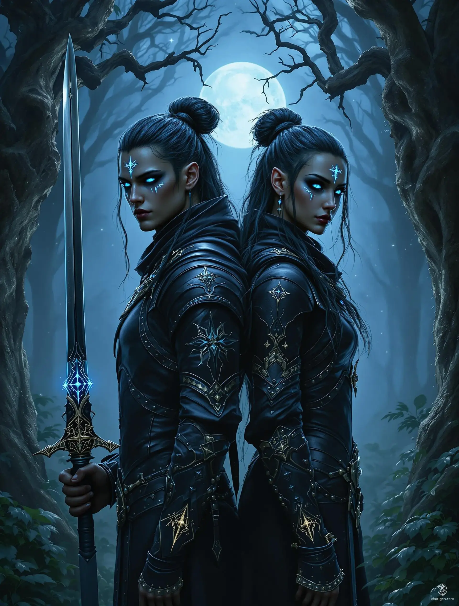Twin Aasimar rangers, their metallic bronze skin glistening under moonlight, stand confidently back to back. The male, with bright blue eyes and a sheathed sword, exudes strength, while the female, armed with a polished ebony longbow and distinctive dark green-purple eyes, embodies precision. War paint and intricate armor reflect their shared bond and unwavering readiness against dark magic.