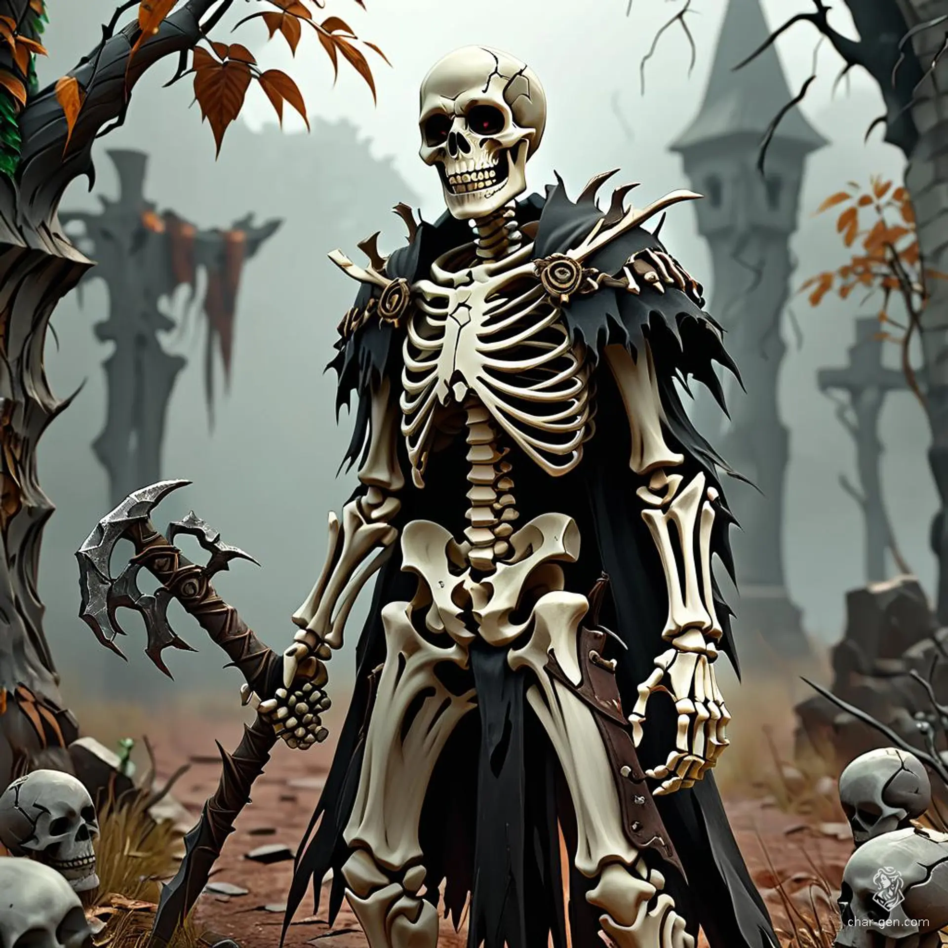 A cracked-skinned skeleton warrior with a bony frame and empty sockets, wielding rusted weapons, roams animated by dark magic. Donning a thorny green cape, it’s animated by an evil druid's spells, its sinister form enhanced by the wizard staff and creepy vines.