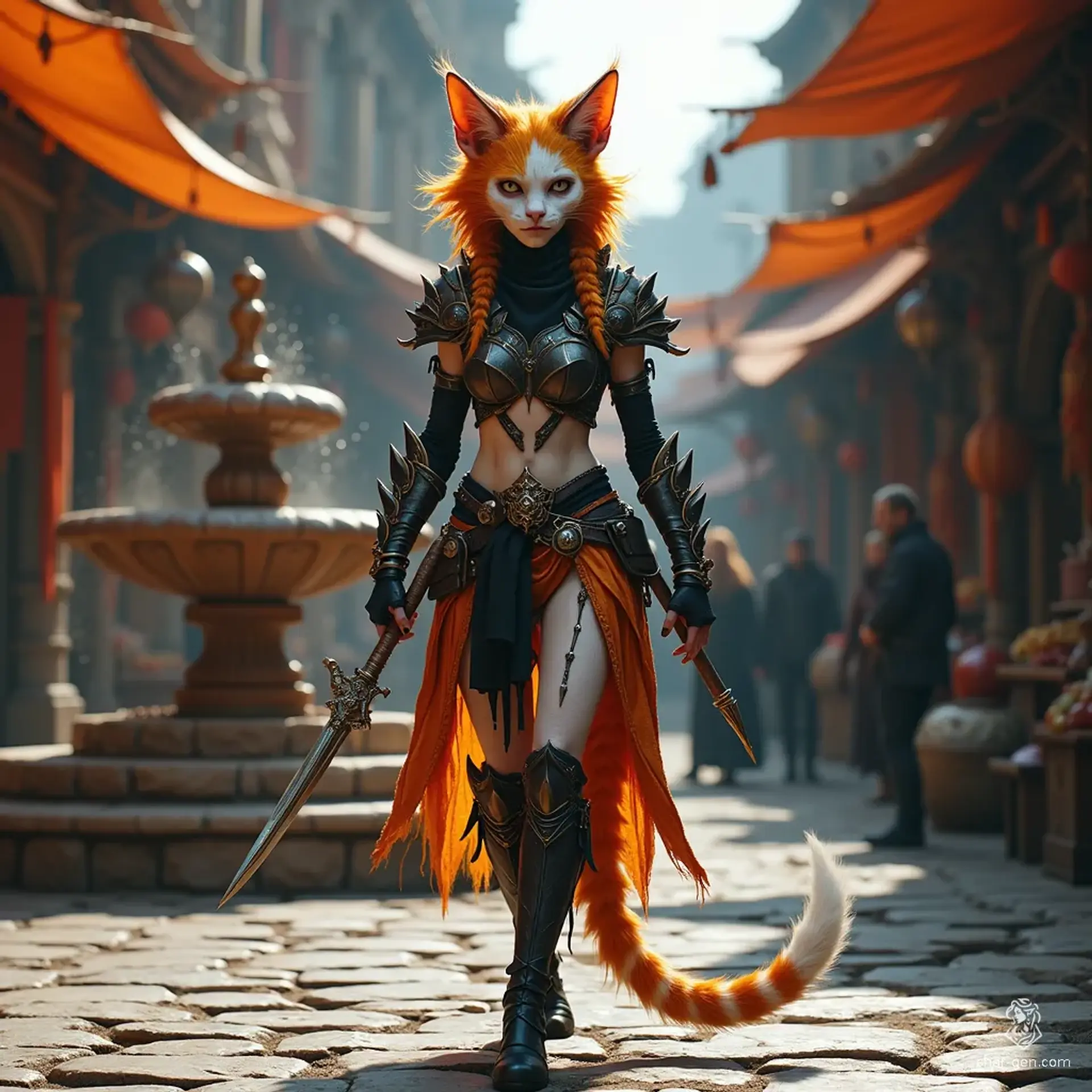 A lithe, female rogue with vibrant sunset orange hair and striking white cat ears, she moves silently on thigh-high black boots. Her black mask conceals a mischievous smile, revealing sharp fangs. Armed with an ivory flute and five daggers, her white and orange striped tail sways as she prowls through shadows.