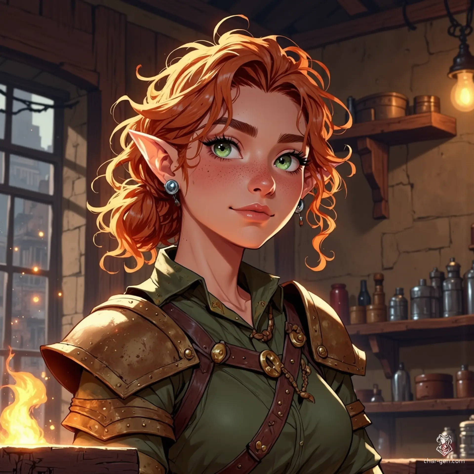 A spirited young female dwarf, with long curly red hair tied in a messy ponytail and freckles adorning her porcelain skin, proudly works in her blacksmith shop. Clad in battle-worn plate armor, her vibrant green eyes shine through the warm morning light, capturing her strength and determination in a lively fantasy world.