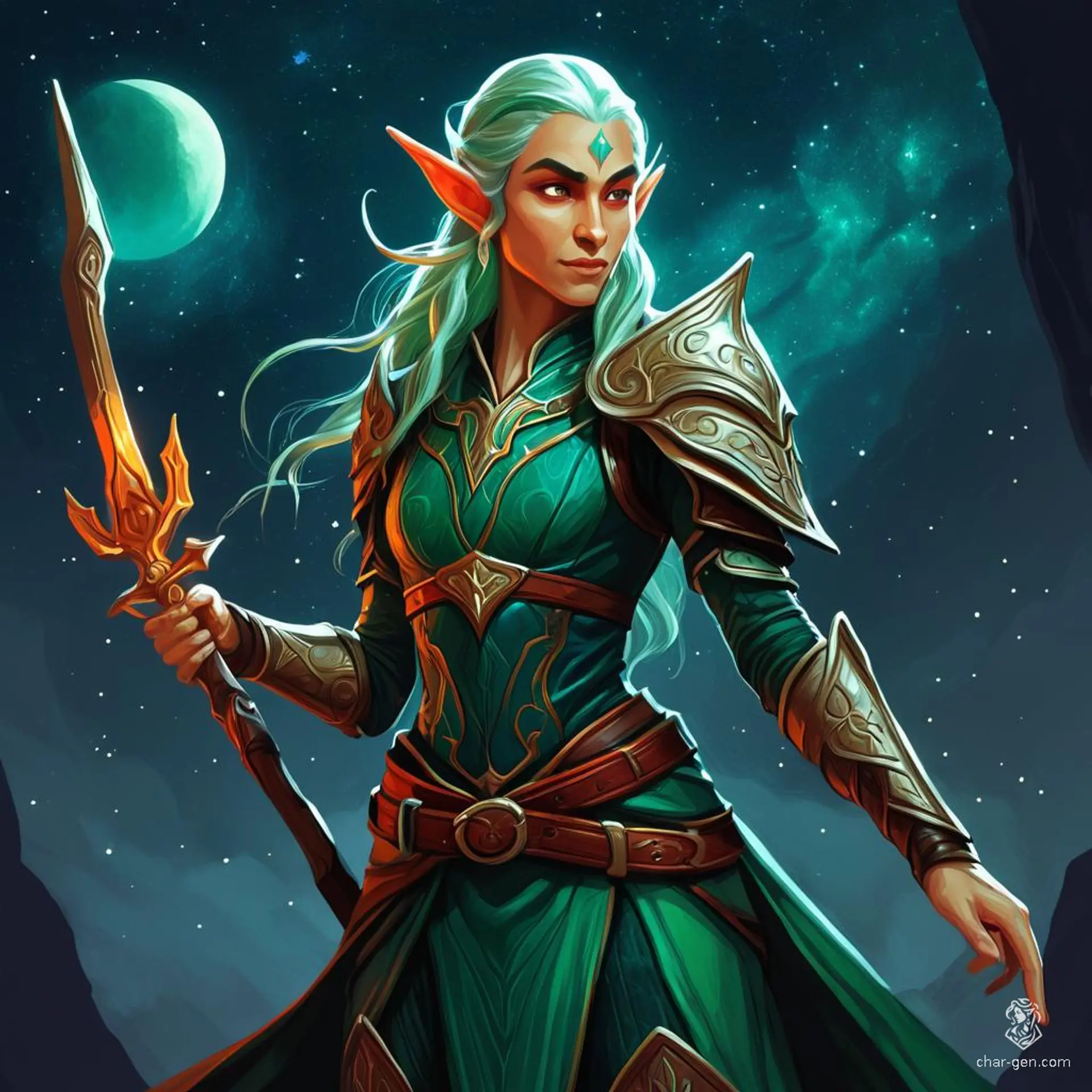 Hena Bracho is a highborn swashbuckler, a female High Elf/Celestial Eladrin, combining her roles as a Thief Rogue and Champion Fighter. With fair skin, long silver hair, and violet eyes, she’s agile and skilled in acrobatics, deception, and lockpicking. Driven by noble obligation and family bonds, she navigates the world with a curious, collected demeanor, seeking rare items.