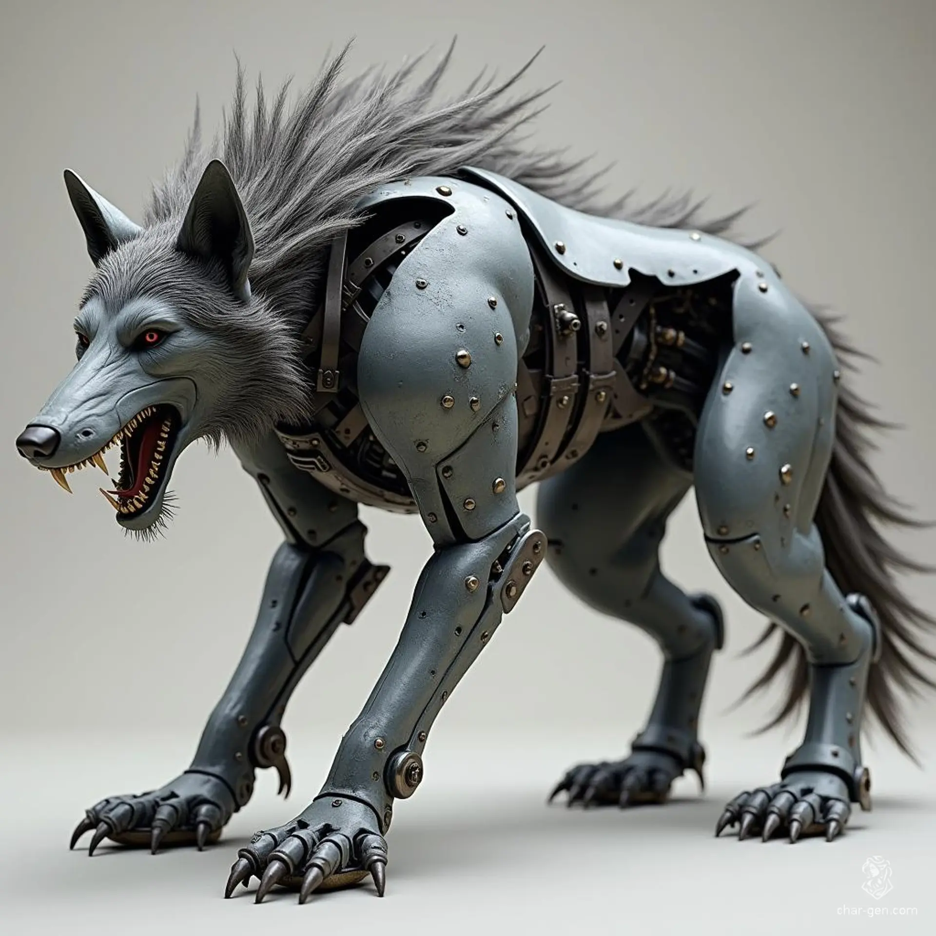 The mechanical dire wolf is a formidable creature crafted from sleek grey metal, exuding an aura of menace. With sharp, angular features and glowing eyes, it stalks its prey silently, a relentless fusion of beastly power and advanced machinery, embodying the perfect predator in a metallic form.