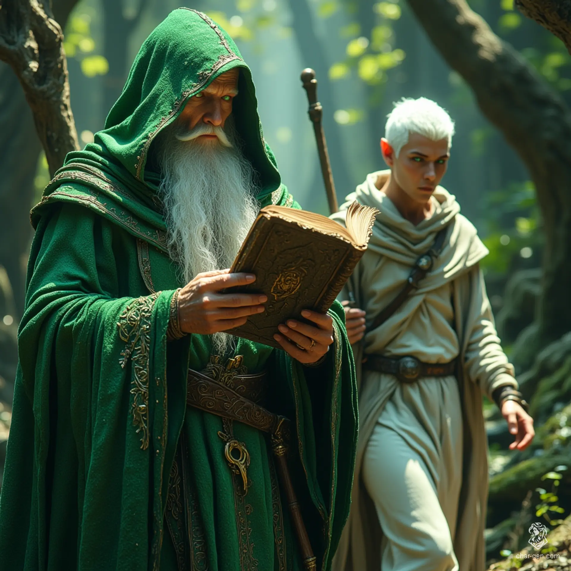 A mysterious green-robed wizard cradles an ancient, closed tome, its secrets untold. Behind him, a clean-shaven elf ranger with short white hair, wearing an eye patch, strides away, hinting at a past filled with adventure and intrigue. Together, they weave a tale of magic and valor.