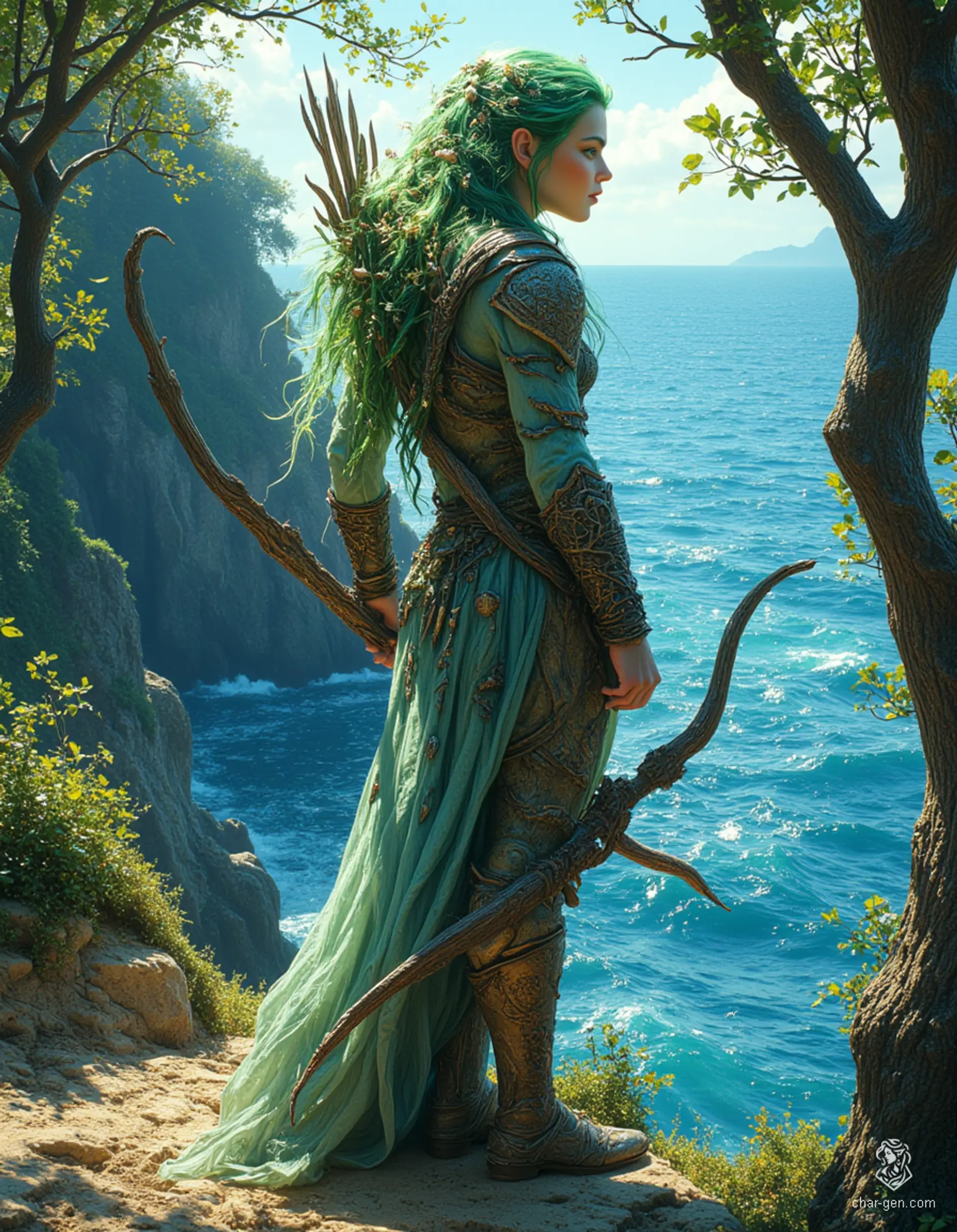 Kaelen, a male triton ranger, stands as a guardian between sea and forest. His vivid sea-blue skin and kelp-green hair, adorned with shells and leaves, echo his aquatic origins. Clad in unique armor that melds marine and terrestrial elements, he wields a driftwood bow, embodying harmony between both realms.