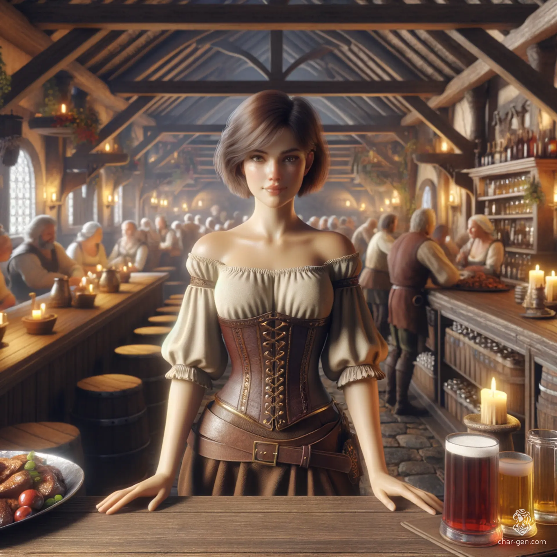 Meet a cheerful halfling barmaid, standing confidently at the center of the bustling tavern. With a stylish bob and distinct medium skin tone, her warm smile and busty figure draw patrons in. She effortlessly serves drinks while keeping lively conversation flowing, embodying the spirit of hospitality.