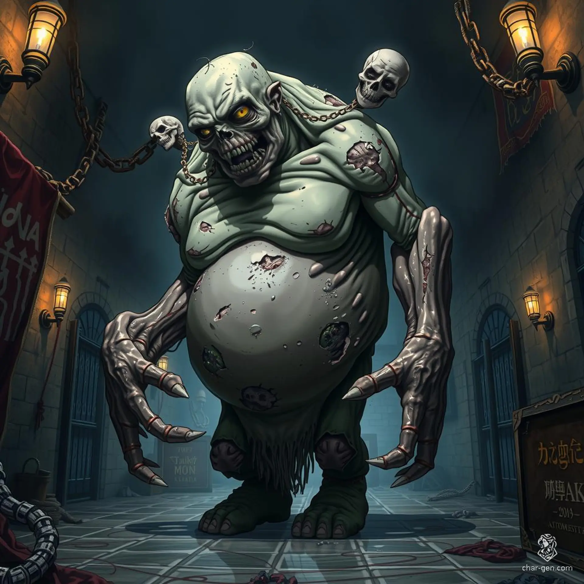 The Blotchy-Skinned Zombie is a grotesque and nightmarish undead construct, reanimated from multiple corpses through dark magic. Recognizable by its decaying, blotchy skin, mismatched body parts, and lumbering movements, it exudes a sickening aura of death and decay, trembling the ground as it moves.