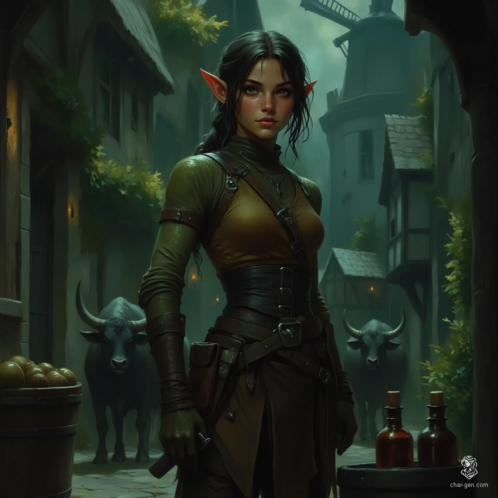 Izzy, a newly emancipated halfling assassin, stands at 1.5 meters tall, exuding both competence and malice. With athletic build, yellow-green eyes, and shimmering green scale patches, she dons tight brown leather armor and carries vials of poison. Alert and vigilant, she embodies the thrill of the hunt, cloaked in shadows.
