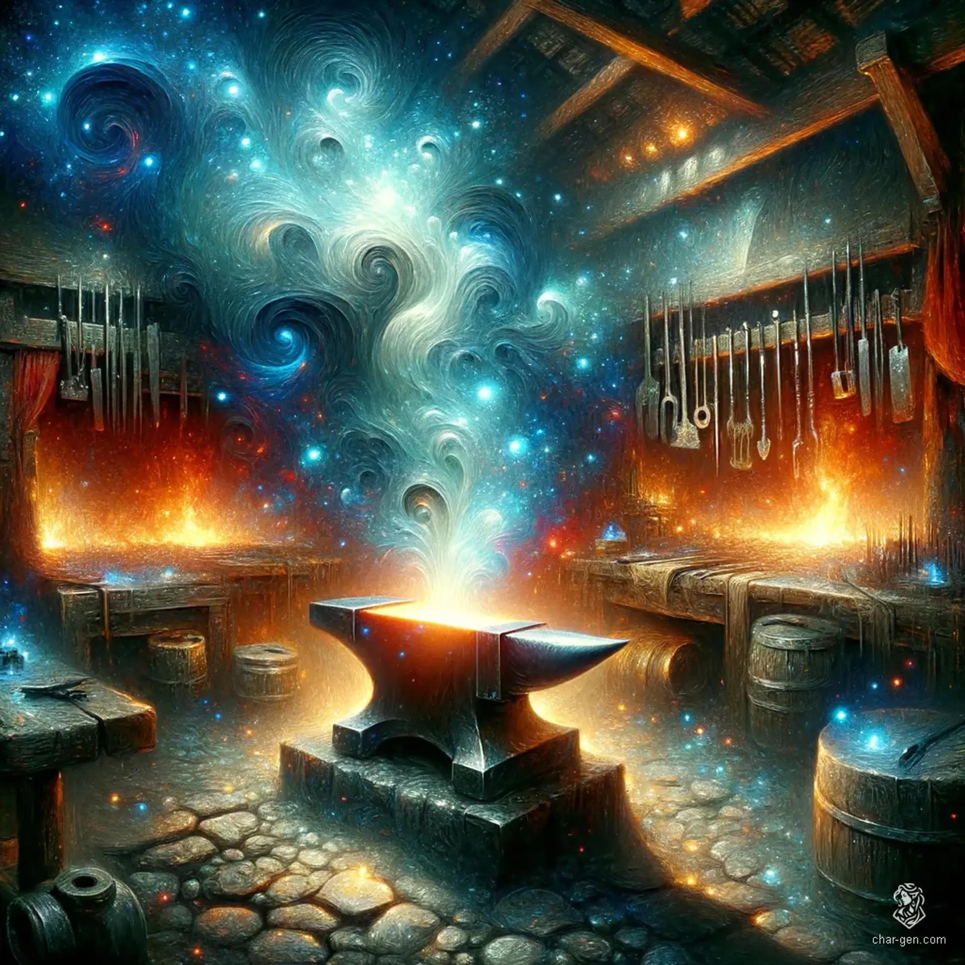 In this magical fantasy art style, a blacksmith emerges, depicted with flowing, smooth brushstrokes that evoke a luminous, ethereal quality. Hyper-realistic textures showcase intricate details of leather, metal, and glowing magical energy. Chiaroscuro contrasts and dynamic lighting create a captivating, dreamlike ambiance in this cinematic composition.